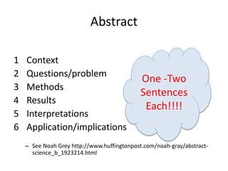 Abstract
1 Context
2 Questions/problem
3 Methods
4 Results
5 Interpretations
6 Application/implications
– See Noah Grey http://www.huffingtonpost.com/noah-gray/abstract-
science_b_1923214.html
One -Two
Sentences
Each!!!!
 