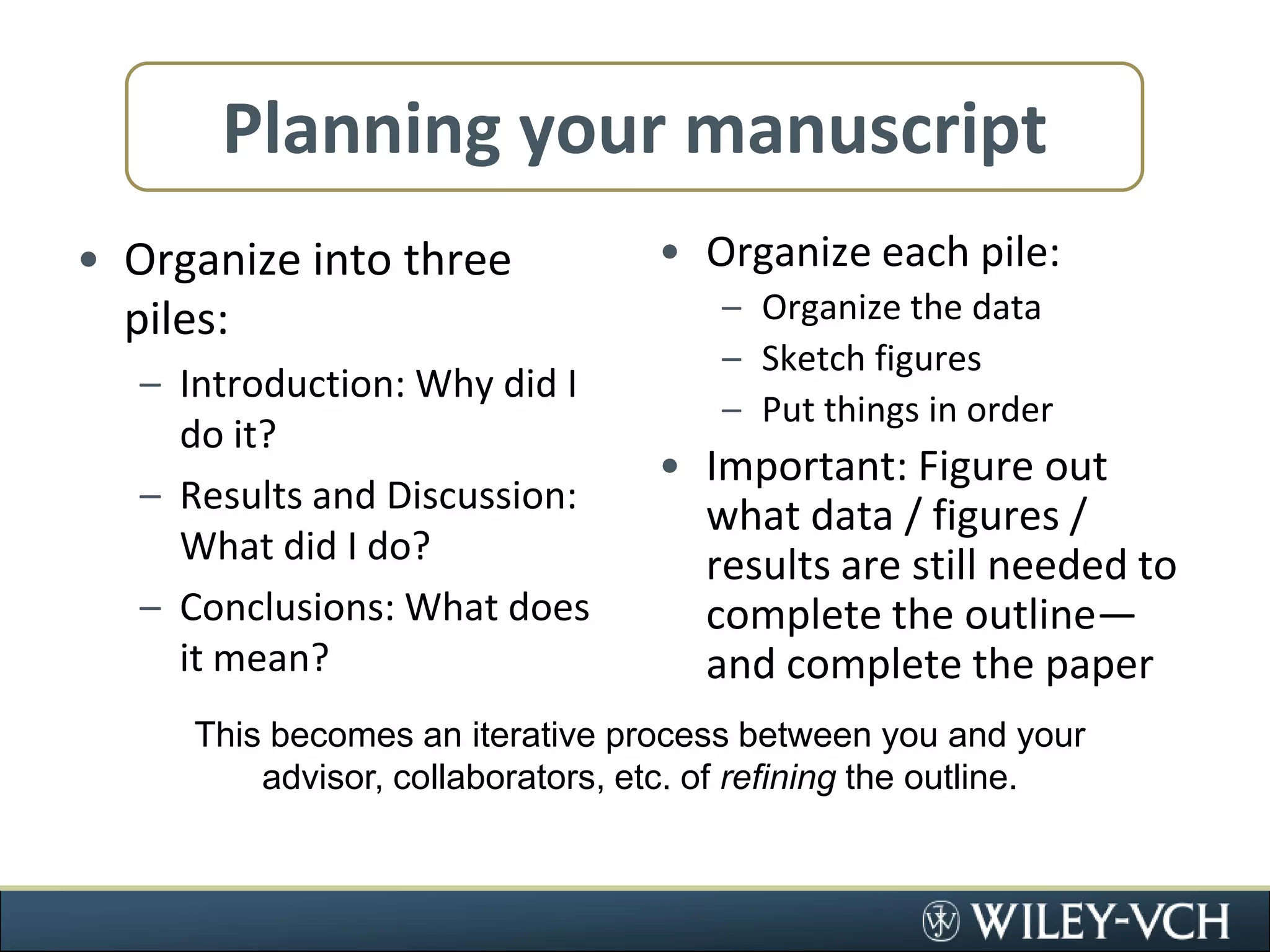 Planning your manuscriptOrganize into three piles:Introduction: Why did I do it?Results and Discussion: What did I do?Conclusions: What does it mean?Organize each pile:Organize the dataSketch figuresPut things in orderImportant: Figure out what data / figures / results are still needed to complete the outline—and complete the paperThis becomes an iterative process between you and your advisor, collaborators, etc. of refining the outline.
