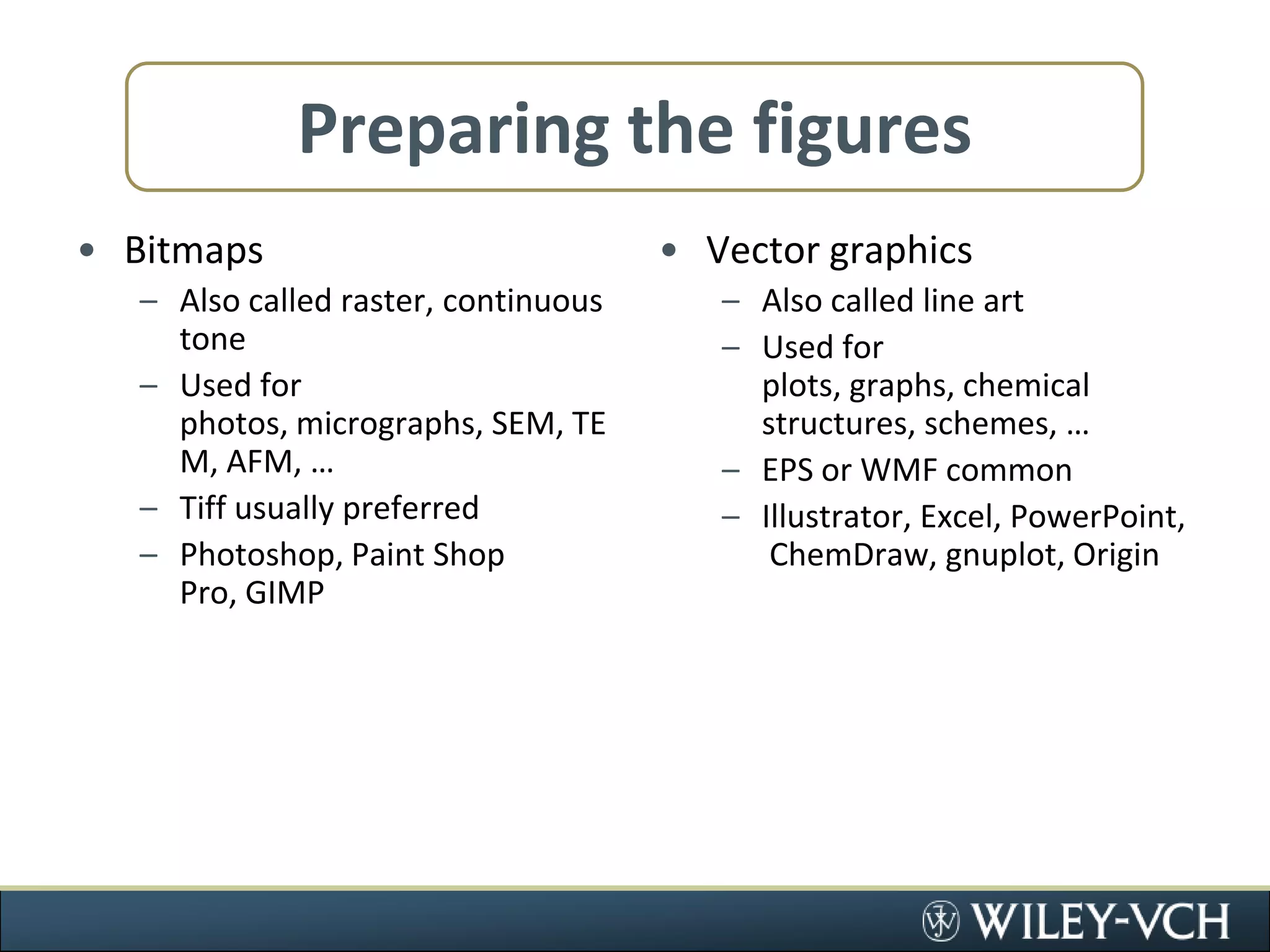 Preparing the figuresBitmapsAlso called raster, continuous toneUsed for photos, micrographs, SEM, TEM, AFM, …Tiff usually preferredPhotoshop, Paint Shop Pro, GIMPVector graphicsAlso called line artUsed for plots, graphs, chemical structures, schemes, …EPS or WMF commonIllustrator, Excel, PowerPoint, ChemDraw, gnuplot, Origin