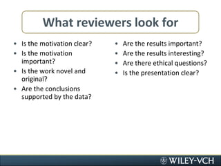 What reviewers look forIs the motivation clear?Is the motivation important?Is the work novel and original?Are the conclusions supported by the data?Are the results important?Are the results interesting?Are there ethical questions?Is the presentation clear?