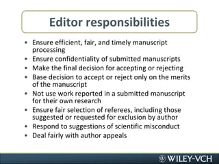 Editor responsibilitiesEnsure efficient, fair, and timely manuscript processingEnsure confidentiality of submitted manuscriptsMake the final decision for accepting or rejectingBase decision to accept or reject only on the merits of the manuscriptNot use work reported in a submitted manuscript for their own researchEnsure fair selection of referees, including those suggested or requested for exclusion by authorRespond to suggestions of scientific misconductDeal fairly with author appeals