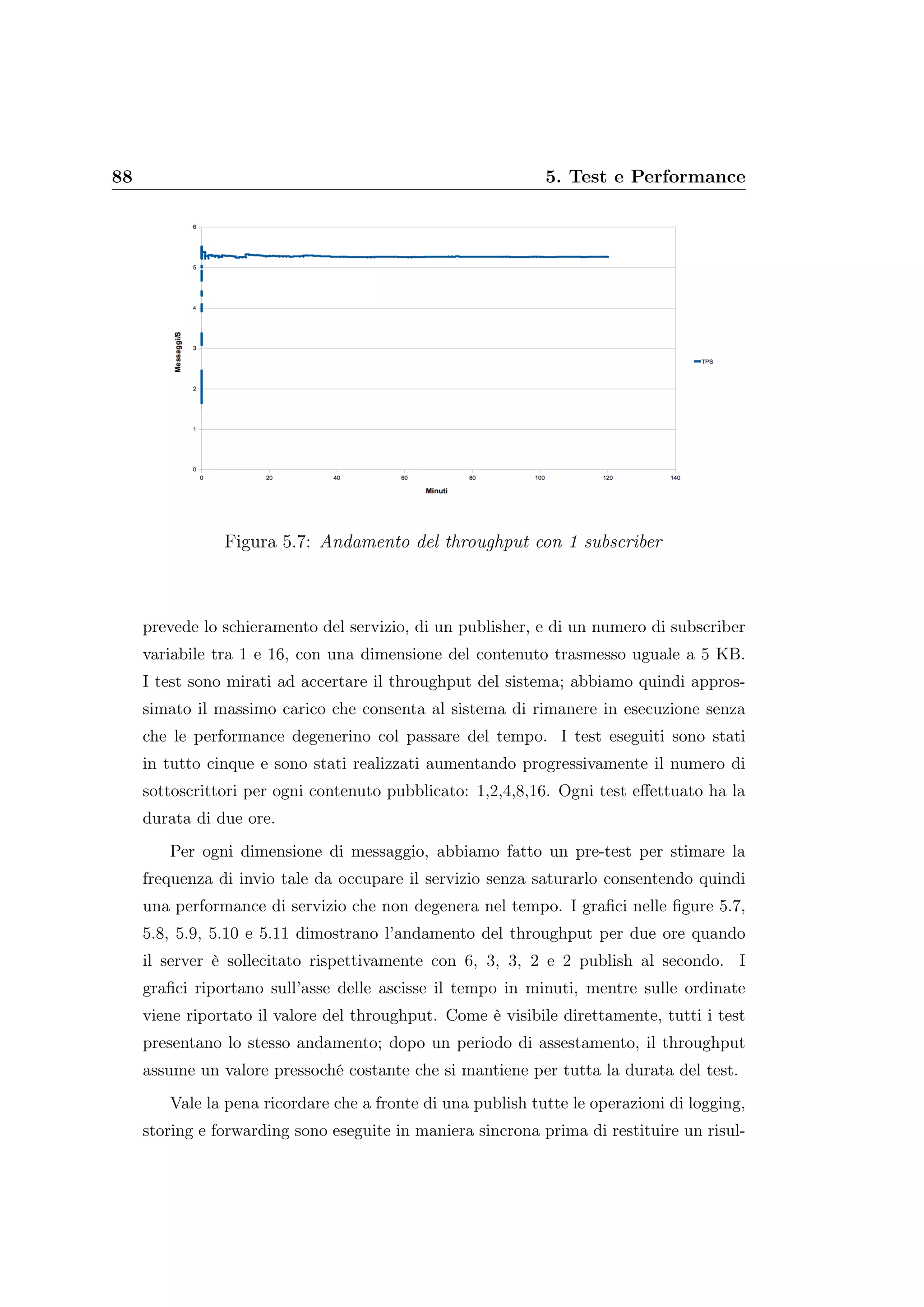 88 5. Test e Performance
Figura 5.7: Andamento del throughput con 1 subscriber
prevede lo schieramento del servizio, di un publisher, e di un numero di subscriber
variabile tra 1 e 16, con una dimensione del contenuto trasmesso uguale a 5 KB.
I test sono mirati ad accertare il throughput del sistema; abbiamo quindi appros-
simato il massimo carico che consenta al sistema di rimanere in esecuzione senza
che le performance degenerino col passare del tempo. I test eseguiti sono stati
in tutto cinque e sono stati realizzati aumentando progressivamente il numero di
sottoscrittori per ogni contenuto pubblicato: 1,2,4,8,16. Ogni test eﬀettuato ha la
durata di due ore.
Per ogni dimensione di messaggio, abbiamo fatto un pre-test per stimare la
frequenza di invio tale da occupare il servizio senza saturarlo consentendo quindi
una performance di servizio che non degenera nel tempo. I graﬁci nelle ﬁgure 5.7,
5.8, 5.9, 5.10 e 5.11 dimostrano l’andamento del throughput per due ore quando
il server è sollecitato rispettivamente con 6, 3, 3, 2 e 2 publish al secondo. I
graﬁci riportano sull’asse delle ascisse il tempo in minuti, mentre sulle ordinate
viene riportato il valore del throughput. Come è visibile direttamente, tutti i test
presentano lo stesso andamento; dopo un periodo di assestamento, il throughput
assume un valore pressoché costante che si mantiene per tutta la durata del test.
Vale la pena ricordare che a fronte di una publish tutte le operazioni di logging,
storing e forwarding sono eseguite in maniera sincrona prima di restituire un risul-
 