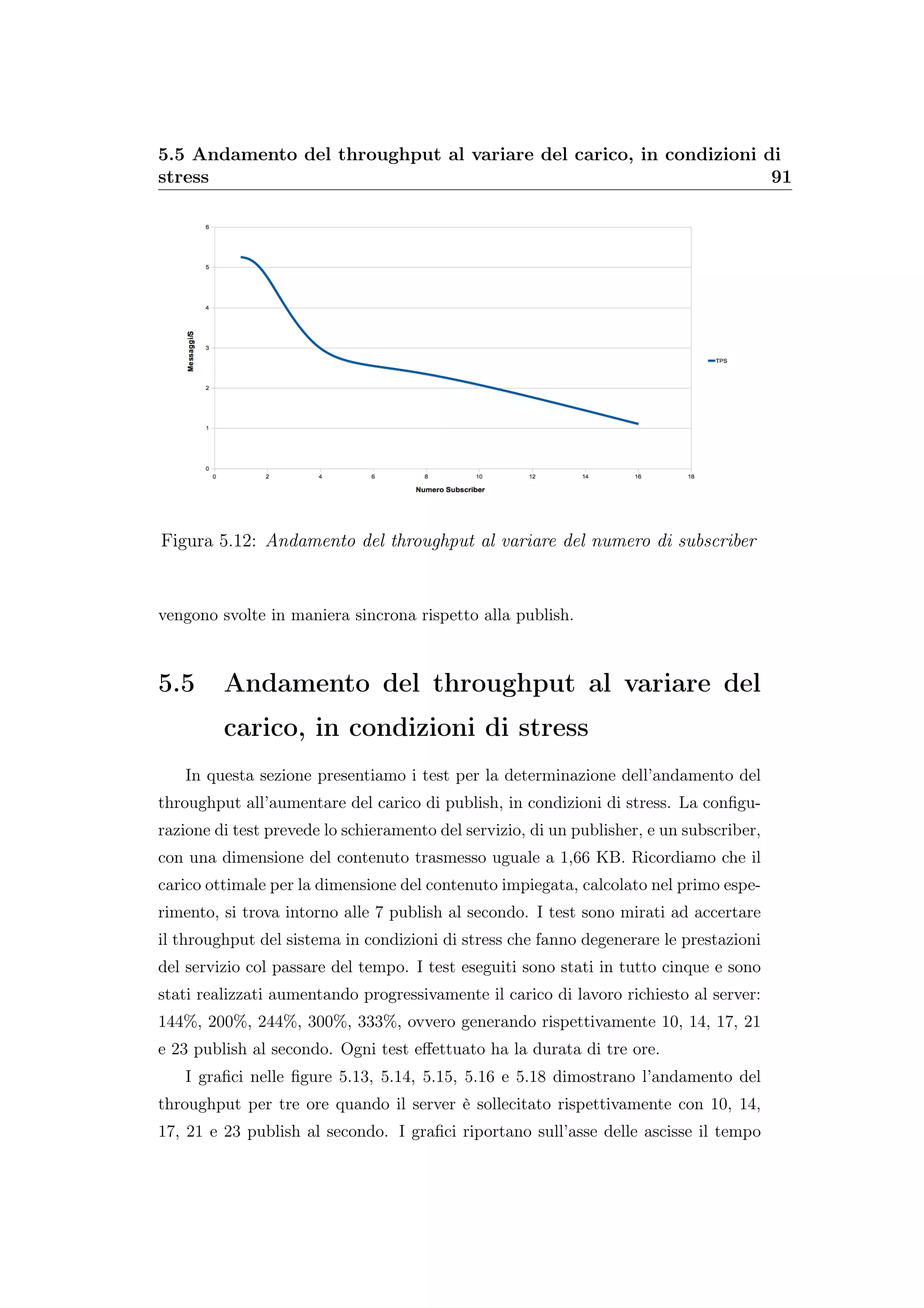 5.5 Andamento del throughput al variare del carico, in condizioni di
stress 91
Figura 5.12: Andamento del throughput al variare del numero di subscriber
vengono svolte in maniera sincrona rispetto alla publish.
5.5 Andamento del throughput al variare del
carico, in condizioni di stress
In questa sezione presentiamo i test per la determinazione dell’andamento del
throughput all’aumentare del carico di publish, in condizioni di stress. La conﬁgu-
razione di test prevede lo schieramento del servizio, di un publisher, e un subscriber,
con una dimensione del contenuto trasmesso uguale a 1,66 KB. Ricordiamo che il
carico ottimale per la dimensione del contenuto impiegata, calcolato nel primo espe-
rimento, si trova intorno alle 7 publish al secondo. I test sono mirati ad accertare
il throughput del sistema in condizioni di stress che fanno degenerare le prestazioni
del servizio col passare del tempo. I test eseguiti sono stati in tutto cinque e sono
stati realizzati aumentando progressivamente il carico di lavoro richiesto al server:
144%, 200%, 244%, 300%, 333%, ovvero generando rispettivamente 10, 14, 17, 21
e 23 publish al secondo. Ogni test eﬀettuato ha la durata di tre ore.
I graﬁci nelle ﬁgure 5.13, 5.14, 5.15, 5.16 e 5.18 dimostrano l’andamento del
throughput per tre ore quando il server è sollecitato rispettivamente con 10, 14,
17, 21 e 23 publish al secondo. I graﬁci riportano sull’asse delle ascisse il tempo
 