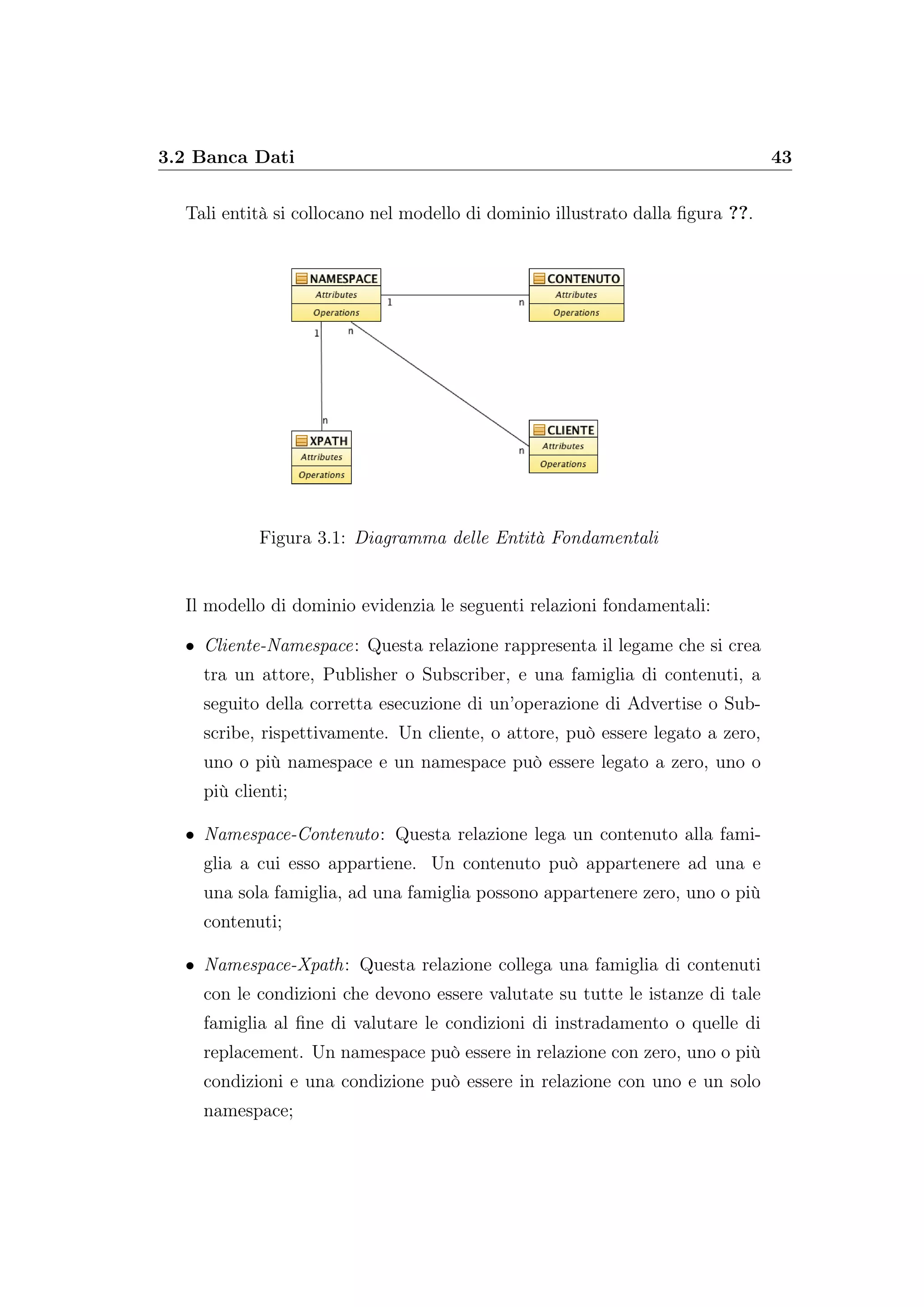 3.2 Banca Dati 43
Tali entità si collocano nel modello di dominio illustrato dalla ﬁgura ??.
Figura 3.1: Diagramma delle Entità Fondamentali
Il modello di dominio evidenzia le seguenti relazioni fondamentali:
• Cliente-Namespace: Questa relazione rappresenta il legame che si crea
tra un attore, Publisher o Subscriber, e una famiglia di contenuti, a
seguito della corretta esecuzione di un’operazione di Advertise o Sub-
scribe, rispettivamente. Un cliente, o attore, può essere legato a zero,
uno o più namespace e un namespace può essere legato a zero, uno o
più clienti;
• Namespace-Contenuto: Questa relazione lega un contenuto alla fami-
glia a cui esso appartiene. Un contenuto può appartenere ad una e
una sola famiglia, ad una famiglia possono appartenere zero, uno o più
contenuti;
• Namespace-Xpath: Questa relazione collega una famiglia di contenuti
con le condizioni che devono essere valutate su tutte le istanze di tale
famiglia al ﬁne di valutare le condizioni di instradamento o quelle di
replacement. Un namespace può essere in relazione con zero, uno o più
condizioni e una condizione può essere in relazione con uno e un solo
namespace;
 