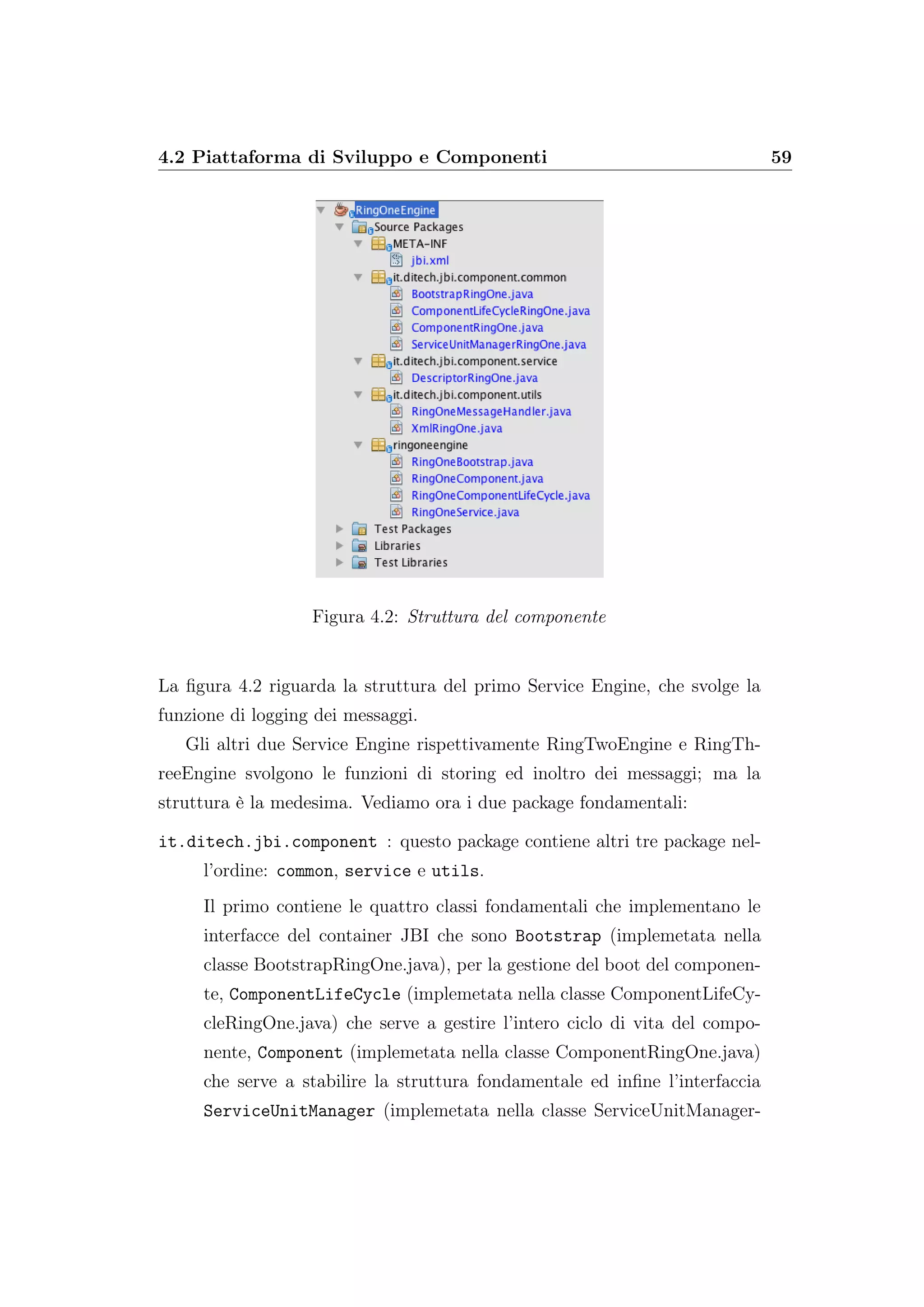 4.2 Piattaforma di Sviluppo e Componenti 59
Figura 4.2: Struttura del componente
La ﬁgura 4.2 riguarda la struttura del primo Service Engine, che svolge la
funzione di logging dei messaggi.
Gli altri due Service Engine rispettivamente RingTwoEngine e RingTh-
reeEngine svolgono le funzioni di storing ed inoltro dei messaggi; ma la
struttura è la medesima. Vediamo ora i due package fondamentali:
it.ditech.jbi.component : questo package contiene altri tre package nel-
l’ordine: common, service e utils.
Il primo contiene le quattro classi fondamentali che implementano le
interfacce del container JBI che sono Bootstrap (implemetata nella
classe BootstrapRingOne.java), per la gestione del boot del componen-
te, ComponentLifeCycle (implemetata nella classe ComponentLifeCy-
cleRingOne.java) che serve a gestire l’intero ciclo di vita del compo-
nente, Component (implemetata nella classe ComponentRingOne.java)
che serve a stabilire la struttura fondamentale ed inﬁne l’interfaccia
ServiceUnitManager (implemetata nella classe ServiceUnitManager-
 