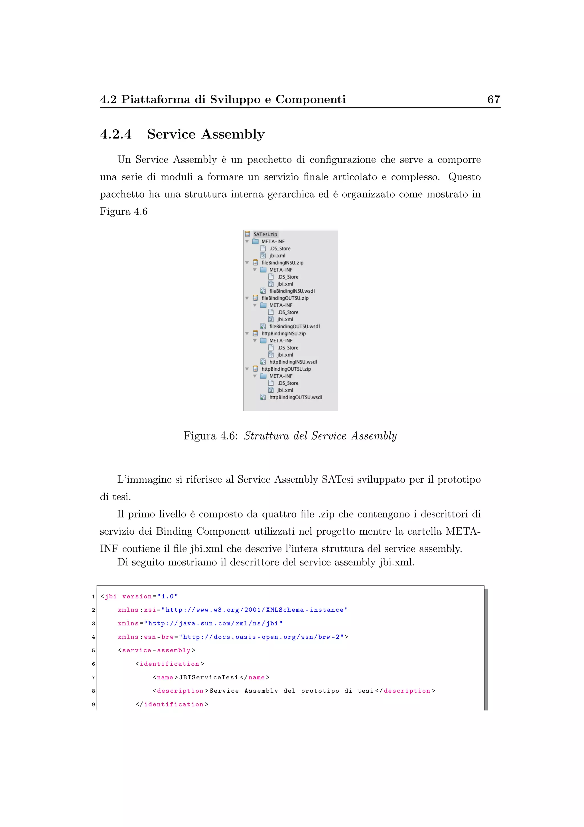4.2 Piattaforma di Sviluppo e Componenti 67
4.2.4 Service Assembly
Un Service Assembly è un pacchetto di conﬁgurazione che serve a comporre
una serie di moduli a formare un servizio ﬁnale articolato e complesso. Questo
pacchetto ha una struttura interna gerarchica ed è organizzato come mostrato in
Figura 4.6
Figura 4.6: Struttura del Service Assembly
L’immagine si riferisce al Service Assembly SATesi sviluppato per il prototipo
di tesi.
Il primo livello è composto da quattro ﬁle .zip che contengono i descrittori di
servizio dei Binding Component utilizzati nel progetto mentre la cartella META-
INF contiene il ﬁle jbi.xml che descrive l’intera struttura del service assembly.
Di seguito mostriamo il descrittore del service assembly jbi.xml.
1 <jbi version="1.0"
2 xmlns:xsi="http :// www.w3.org /2001/ XMLSchema -instance"
3 xmlns="http :// java.sun.com/xml/ns/jbi"
4 xmlns:wsn -brw="http :// docs.oasis -open.org/wsn/brw -2">
5 <service -assembly >
6 <identification >
7 <name >JBIServiceTesi </name >
8 <description >Service Assembly del prototipo di tesi </ description >
9 </identification >
 