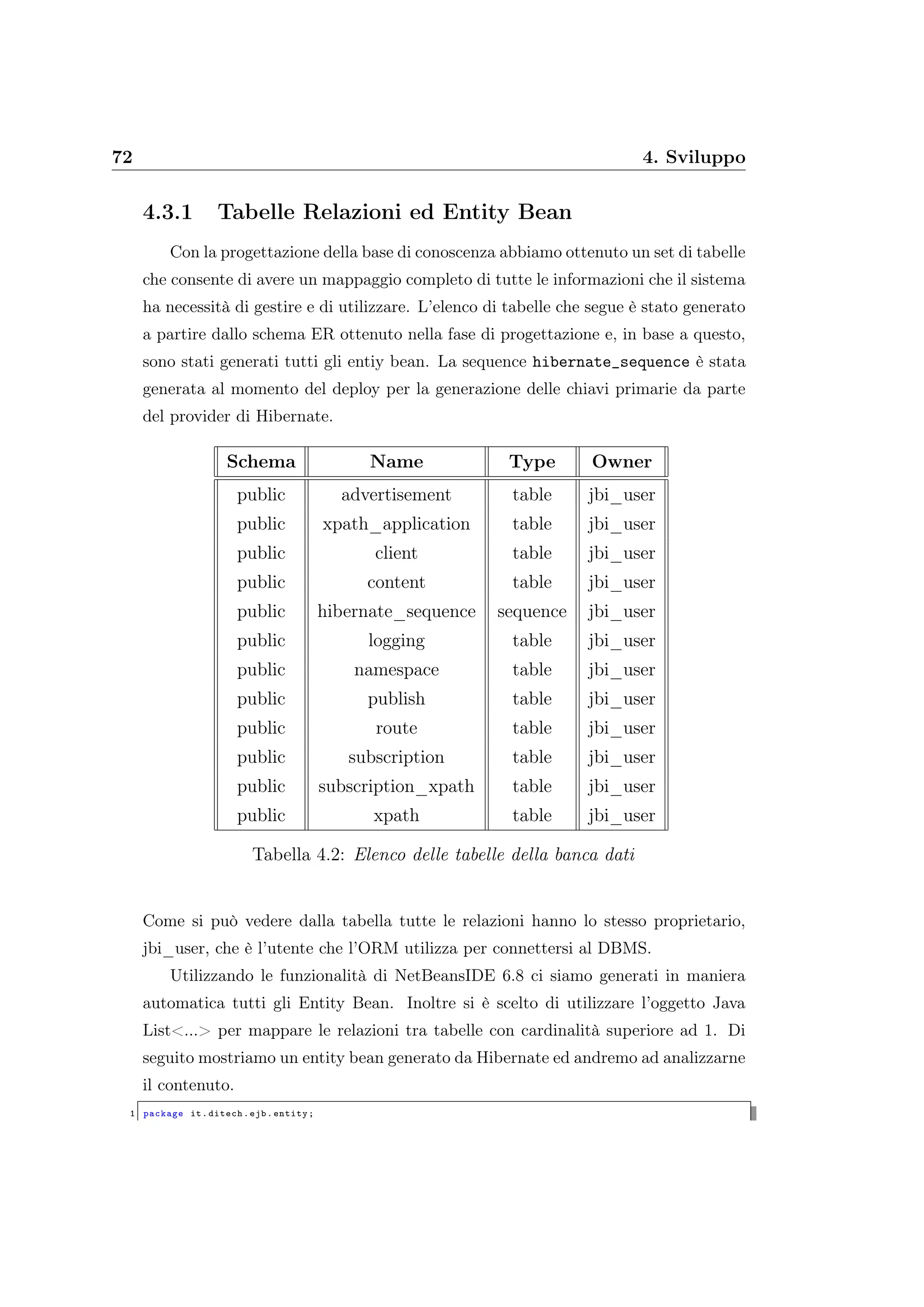 72 4. Sviluppo
4.3.1 Tabelle Relazioni ed Entity Bean
Con la progettazione della base di conoscenza abbiamo ottenuto un set di tabelle
che consente di avere un mappaggio completo di tutte le informazioni che il sistema
ha necessità di gestire e di utilizzare. L’elenco di tabelle che segue è stato generato
a partire dallo schema ER ottenuto nella fase di progettazione e, in base a questo,
sono stati generati tutti gli entiy bean. La sequence hibernate_sequence è stata
generata al momento del deploy per la generazione delle chiavi primarie da parte
del provider di Hibernate.
Schema Name Type Owner
public advertisement table jbi_user
public xpath_application table jbi_user
public client table jbi_user
public content table jbi_user
public hibernate_sequence sequence jbi_user
public logging table jbi_user
public namespace table jbi_user
public publish table jbi_user
public route table jbi_user
public subscription table jbi_user
public subscription_xpath table jbi_user
public xpath table jbi_user
Tabella 4.2: Elenco delle tabelle della banca dati
Come si può vedere dalla tabella tutte le relazioni hanno lo stesso proprietario,
jbi_user, che è l’utente che l’ORM utilizza per connettersi al DBMS.
Utilizzando le funzionalità di NetBeansIDE 6.8 ci siamo generati in maniera
automatica tutti gli Entity Bean. Inoltre si è scelto di utilizzare l’oggetto Java
List<...> per mappare le relazioni tra tabelle con cardinalità superiore ad 1. Di
seguito mostriamo un entity bean generato da Hibernate ed andremo ad analizzarne
il contenuto.
1 package it.ditech.ejb.entity;
 