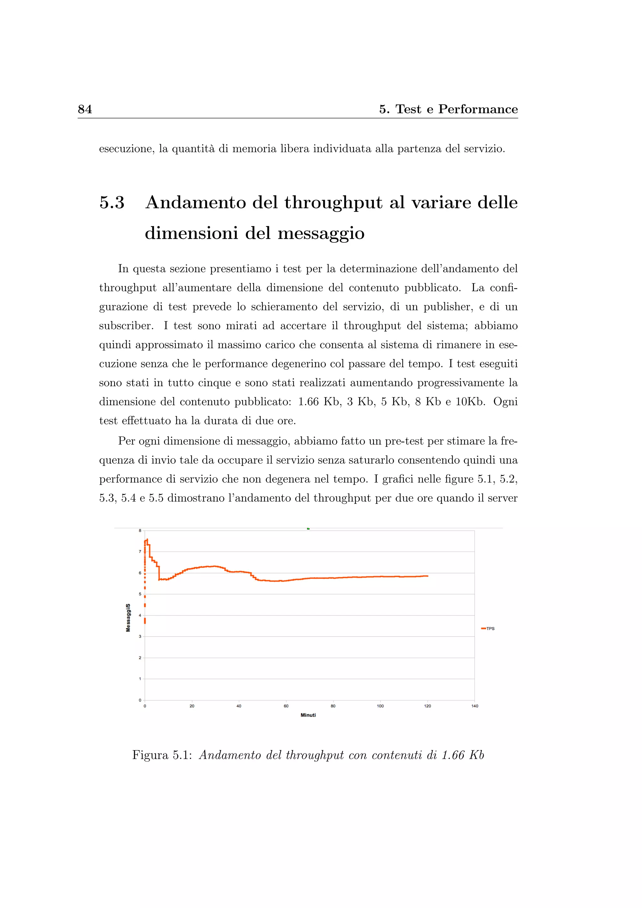84 5. Test e Performance
esecuzione, la quantità di memoria libera individuata alla partenza del servizio.
5.3 Andamento del throughput al variare delle
dimensioni del messaggio
In questa sezione presentiamo i test per la determinazione dell’andamento del
throughput all’aumentare della dimensione del contenuto pubblicato. La conﬁ-
gurazione di test prevede lo schieramento del servizio, di un publisher, e di un
subscriber. I test sono mirati ad accertare il throughput del sistema; abbiamo
quindi approssimato il massimo carico che consenta al sistema di rimanere in ese-
cuzione senza che le performance degenerino col passare del tempo. I test eseguiti
sono stati in tutto cinque e sono stati realizzati aumentando progressivamente la
dimensione del contenuto pubblicato: 1.66 Kb, 3 Kb, 5 Kb, 8 Kb e 10Kb. Ogni
test eﬀettuato ha la durata di due ore.
Per ogni dimensione di messaggio, abbiamo fatto un pre-test per stimare la fre-
quenza di invio tale da occupare il servizio senza saturarlo consentendo quindi una
performance di servizio che non degenera nel tempo. I graﬁci nelle ﬁgure 5.1, 5.2,
5.3, 5.4 e 5.5 dimostrano l’andamento del throughput per due ore quando il server
Figura 5.1: Andamento del throughput con contenuti di 1.66 Kb
 