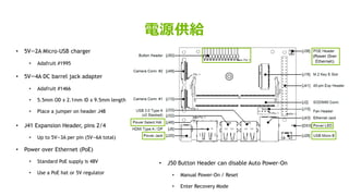29
• 5V⎓2A Micro-USB charger
• Adafruit #1995
• 5V⎓4A DC barrel jack adapter
• Adafruit #1466
• 5.5mm OD x 2.1mm ID x 9.5mm length
• Place a jumper on header J48
• J41 Expansion Header, pins 2/4
• Up to 5V⎓3A per pin (5V⎓6A total)
• Power over Ethernet (PoE)
• Standard PoE supply is 48V
• Use a PoE hat or 5V regulator
電源供給
• J50 Button Header can disable Auto Power-On
• Manual Power-On / Reset
• Enter Recovery Mode
(Power Over
Ethernet)
 