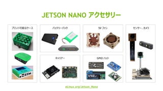 33
JETSON NANO アクセサリー
プリント可能なケース
キャリアー
センサー、カメラ
GPIO ハット
5V ファンバッテリーパック
eLinux.org/Jetson_Nano
 
