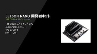 4
JETSON NANO 開発者キット
$99 CUDA-X AI Computer
128 CUDA コア | 4 コア CPU
4GB LPDDR4 メモリー
472 GFLOPs
5W | 10W
 