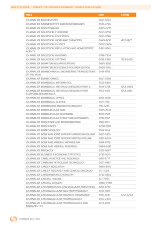 WEB	OF	SCIENCE®	-	SCIENCE	CITATION	INDEX	EXPANDED™	SOURCE	PUBLICATIONS


           TITLE                                                    ISSN        E-ISSN
           JOURNAL OF BIOCHEMISTRY                                  0021-924X
           JOURNAL OF BIOENERGETICS AND BIOMEMBRANES                0145-479X
           JOURNAL OF BIOGEOGRAPHY                                  0305-0270
           JOURNAL OF BIOLOGICAL CHEMISTRY                          0021-9258
           JOURNAL OF BIOLOGICAL EDUCATION                          0021-9266
           JOURNAL OF BIOLOGICAL INORGANIC CHEMISTRY                0949-8257   1432-1327
           JOURNAL OF BIOLOGICAL PHYSICS                            0092-0606
           JOURNAL OF BIOLOGICAL REGULATORS AND HOMEOSTATIC         0393-974X
           AGENTS
           JOURNAL OF BIOLOGICAL RHYTHMS                            0748-7304
           JOURNAL OF BIOLOGICAL SYSTEMS                            0218-3390   1793-6470
           JOURNAL OF BIOMATERIALS APPLICATIONS                     0885-3282
           JOURNAL OF BIOMATERIALS SCIENCE-POLYMER EDITION          0920-5063
           JOURNAL OF BIOMECHANICAL ENGINEERING-TRANSACTIONS        0148-0731
           OF THE ASME
           JOURNAL OF BIOMECHANICS                                  0021-9290
           JOURNAL OF BIOMEDICAL INFORMATICS                        1532-0464
           JOURNAL OF BIOMEDICAL MATERIALS RESEARCH PART A          1549-3296   1552-4965
           JOURNAL OF BIOMEDICAL MATERIALS RESEARCH PART            1552-4973   1552-4981
           B-APPLIED BIOMATERIALS
           JOURNAL OF BIOMEDICAL OPTICS                             1083-3668
           JOURNAL OF BIOMEDICAL SCIENCE                            1021-7770
           JOURNAL OF BIOMEDICINE AND BIOTECHNOLOGY                 1110-7243
           JOURNAL OF BIOMOLECULAR NMR                              0925-2738
           JOURNAL OF BIOMOLECULAR SCREENING                        1087-0571
           JOURNAL OF BIOMOLECULAR STRUCTURE & DYNAMICS             0739-1102
           JOURNAL OF BIOSCIENCE AND BIOENGINEERING                 1389-1723
           JOURNAL OF BIOSCIENCES                                   0250-5991
           JOURNAL OF BIOTECHNOLOGY                                 0168-1656
           JOURNAL OF BONE AND JOINT SURGERY-AMERICAN VOLUME        0021-9355
           JOURNAL OF BONE AND JOINT SURGERY-BRITISH VOLUME         0301-620X
           JOURNAL OF BONE AND MINERAL METABOLISM                   0914-8779
           JOURNAL OF BONE AND MINERAL RESEARCH                     0884-0431
           JOURNAL OF BRYOLOGY                                      0373-6687
           JOURNAL OF BUSINESS & ECONOMIC STATISTICS                0735-0015
           JOURNAL OF CAMEL PRACTICE AND RESEARCH                   0971-6777
           JOURNAL OF CANADIAN PETROLEUM TECHNOLOGY                 0021-9487
           JOURNAL OF CANCER EDUCATION                              0885-8195
           JOURNAL OF CANCER RESEARCH AND CLINICAL ONCOLOGY         0171-5216
           JOURNAL OF CARBOHYDRATE CHEMISTRY                        0732-8303
           JOURNAL OF CARDIAC FAILURE                               1071-9164
           JOURNAL OF CARDIAC SURGERY                               0886-0440
           JOURNAL OF CARDIOTHORACIC AND VASCULAR ANESTHESIA        1053-0770
           JOURNAL OF CARDIOVASCULAR ELECTROPHYSIOLOGY              1045-3873
           JOURNAL OF CARDIOVASCULAR MAGNETIC RESONANCE             1097-6647   1532-429X
           JOURNAL OF CARDIOVASCULAR PHARMACOLOGY                   0160-2446
           JOURNAL OF CARDIOVASCULAR PHARMACOLOGY AND               1074-2484
           THERAPEUTICS
 