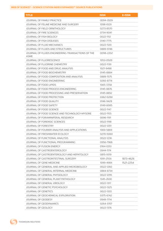 WEB	OF	SCIENCE®	-	SCIENCE	CITATION	INDEX	EXPANDED™	SOURCE	PUBLICATIONS


           TITLE                                                    ISSN        E-ISSN
           JOURNAL OF FAMILY PRACTICE                               0094-3509
           JOURNAL OF FELINE MEDICINE AND SURGERY                   1098-612X
           JOURNAL OF FIELD ORNITHOLOGY                             0273-8570
           JOURNAL OF FIRE SCIENCES                                 0734-9041
           JOURNAL OF FISH BIOLOGY                                  0022-1112
           JOURNAL OF FISH DISEASES                                 0140-7775
           JOURNAL OF FLUID MECHANICS                               0022-1120
           JOURNAL OF FLUIDS AND STRUCTURES                         0889-9746
           JOURNAL OF FLUIDS ENGINEERING-TRANSACTIONS OF THE        0098-2202
           ASME
           JOURNAL OF FLUORESCENCE                                  1053-0509
           JOURNAL OF FLUORINE CHEMISTRY                            0022-1139
           JOURNAL OF FOOD AND DRUG ANALYSIS                        1021-9498
           JOURNAL OF FOOD BIOCHEMISTRY                             0145-8884
           JOURNAL OF FOOD COMPOSITION AND ANALYSIS                 0889-1575
           JOURNAL OF FOOD ENGINEERING                              0260-8774
           JOURNAL OF FOOD LIPIDS                                   1065-7258
           JOURNAL OF FOOD PROCESS ENGINEERING                      0145-8876
           JOURNAL OF FOOD PROCESSING AND PRESERVATION              0145-8892
           JOURNAL OF FOOD PROTECTION                               0362-028X
           JOURNAL OF FOOD QUALITY                                  0146-9428
           JOURNAL OF FOOD SAFETY                                   0149-6085
           JOURNAL OF FOOD SCIENCE                                  0022-1147
           JOURNAL OF FOOD SCIENCE AND TECHNOLOGY-MYSORE            0022-1155
           JOURNAL OF FORAMINIFERAL RESEARCH                        0096-1191
           JOURNAL OF FORENSIC SCIENCES                             0022-1198
           JOURNAL OF FORESTRY                                      0022-1201
           JOURNAL OF FOURIER ANALYSIS AND APPLICATIONS             1069-5869
           JOURNAL OF FRESHWATER ECOLOGY                            0270-5060
           JOURNAL OF FUNCTIONAL ANALYSIS                           0022-1236
           JOURNAL OF FUNCTIONAL PROGRAMMING                        0956-7968
           JOURNAL OF FUSION ENERGY                                 0164-0313
           JOURNAL OF GASTROENTEROLOGY                              0944-1174
           JOURNAL OF GASTROENTEROLOGY AND HEPATOLOGY               0815-9319
           JOURNAL OF GASTROINTESTINAL SURGERY                      1091-255X   1873-4626
           JOURNAL OF GENE MEDICINE                                 1099-498X   1521-2254
           JOURNAL OF GENERAL AND APPLIED MICROBIOLOGY              0022-1260
           JOURNAL OF GENERAL INTERNAL MEDICINE                     0884-8734
           JOURNAL OF GENERAL PHYSIOLOGY                            0022-1295
           JOURNAL OF GENERAL PLANT PATHOLOGY                       1345-2630
           JOURNAL OF GENERAL VIROLOGY                              0022-1317
           JOURNAL OF GENETIC PSYCHOLOGY                            0022-1325
           JOURNAL OF GENETICS                                      0022-1333
           JOURNAL OF GEOCHEMICAL EXPLORATION                       0375-6742
           JOURNAL OF GEODESY                                       0949-7714
           JOURNAL OF GEODYNAMICS                                   0264-3707
           JOURNAL OF GEOLOGY                                       0022-1376
 