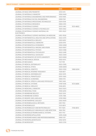 WEB	OF	SCIENCE®	-	SCIENCE	CITATION	INDEX	EXPANDED™	SOURCE	PUBLICATIONS


           TITLE                                                    ISSN        E-ISSN
           JOURNAL OF MASS SPECTROMETRY                             1076-5174
           JOURNAL OF MATERIALS CHEMISTRY                           0959-9428
           JOURNAL OF MATERIALS ENGINEERING AND PERFORMANCE         1059-9495
           JOURNAL OF MATERIALS IN CIVIL ENGINEERING                0899-1561
           JOURNAL OF MATERIALS PROCESSING TECHNOLOGY               0924-0136
           JOURNAL OF MATERIALS RESEARCH                            0884-2914
           JOURNAL OF MATERIALS SCIENCE                             0022-2461   1573-4803
           JOURNAL OF MATERIALS SCIENCE & TECHNOLOGY                1005-0302
           JOURNAL OF MATERIALS SCIENCE-MATERIALS IN                0957-4522
           ELECTRONICS
           JOURNAL OF MATERIALS SCIENCE-MATERIALS IN MEDICINE       0957-4530
           JOURNAL OF MATHEMATICAL ANALYSIS AND APPLICATIONS        0022-247X
           JOURNAL OF MATHEMATICAL BIOLOGY                          0303-6812
           JOURNAL OF MATHEMATICAL CHEMISTRY                        0259-9791
           JOURNAL OF MATHEMATICAL ECONOMICS                        0304-4068
           JOURNAL OF MATHEMATICAL IMAGING AND VISION               0924-9907
           JOURNAL OF MATHEMATICAL PHYSICS                          0022-2488
           JOURNAL OF MATHEMATICAL PSYCHOLOGY                       0022-2496
           JOURNAL OF MATHEMATICAL SOCIOLOGY                        0022-250X
           JOURNAL OF MATHEMATICS OF KYOTO UNIVERSITY               0023-608X
           JOURNAL OF MECHANICAL DESIGN                             1050-0472
           JOURNAL OF MECHANICS                                     1727-7191
           JOURNAL OF MEDICAL ENTOMOLOGY                            0022-2585
           JOURNAL OF MEDICAL ETHICS                                0306-6800
           JOURNAL OF MEDICAL GENETICS                              0022-2593   1468-6244
           JOURNAL OF MEDICAL INTERNET RESEARCH                     1438-8871
           JOURNAL OF MEDICAL MICROBIOLOGY                          0022-2615
           JOURNAL OF MEDICAL PRIMATOLOGY                           0047-2565
           JOURNAL OF MEDICAL SCREENING                             0969-1413
           JOURNAL OF MEDICAL SPEECH-LANGUAGE PATHOLOGY             1065-1438
           JOURNAL OF MEDICAL SYSTEMS                               0148-5598   1573-689X
           JOURNAL OF MEDICAL VIROLOGY                              0146-6615
           JOURNAL OF MEDICINAL CHEMISTRY                           0022-2623
           JOURNAL OF MEDICINAL FOOD                                1096-620X
           JOURNAL OF MEMBRANE BIOLOGY                              0022-2631
           JOURNAL OF MEMBRANE SCIENCE                              0376-7388
           JOURNAL OF MEMORY AND LANGUAGE                           0749-596X
           JOURNAL OF METAMORPHIC GEOLOGY                           0263-4929
           JOURNAL OF MICROBIOLOGICAL METHODS                       0167-7012
           JOURNAL OF MICROBIOLOGY                                  1225-8873
           JOURNAL OF MICROBIOLOGY AND BIOTECHNOLOGY                1017-7825   1738-8872
           JOURNAL OF MICROBIOLOGY IMMUNOLOGY AND INFECTION         1684-1182
           JOURNAL OF MICROELECTROMECHANICAL SYSTEMS                1057-7157
           JOURNAL OF MICROENCAPSULATION                            0265-2048
           JOURNAL OF MICROMECHANICS AND MICROENGINEERING           0960-1317
           JOURNAL OF MICROPALAEONTOLOGY                            0262-821X
           JOURNAL OF MICROSCOPY                                    0022-2720
 