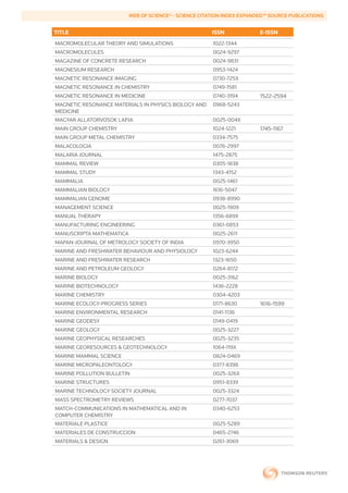 WEB	OF	SCIENCE®	-	SCIENCE	CITATION	INDEX	EXPANDED™	SOURCE	PUBLICATIONS


        TITLE                                                  ISSN             E-ISSN
        MACROMOLECULAR THEORY AND SIMULATIONS                  1022-1344
        MACROMOLECULES                                         0024-9297
        MAGAZINE OF CONCRETE RESEARCH                          0024-9831
        MAGNESIUM RESEARCH                                     0953-1424
        MAGNETIC RESONANCE IMAGING                             0730-725X
        MAGNETIC RESONANCE IN CHEMISTRY                        0749-1581
        MAGNETIC RESONANCE IN MEDICINE                         0740-3194        1522-2594
        MAGNETIC RESONANCE MATERIALS IN PHYSICS BIOLOGY AND    0968-5243
        MEDICINE
        MAGYAR ALLATORVOSOK LAPJA                              0025-004X
        MAIN GROUP CHEMISTRY                                   1024-1221        1745-1167
        MAIN GROUP METAL CHEMISTRY                             0334-7575
        MALACOLOGIA                                            0076-2997
        MALARIA JOURNAL                                        1475-2875
        MAMMAL REVIEW                                          0305-1838
        MAMMAL STUDY                                           1343-4152
        MAMMALIA                                               0025-1461
        MAMMALIAN BIOLOGY                                      1616-5047
        MAMMALIAN GENOME                                       0938-8990
        MANAGEMENT SCIENCE                                     0025-1909
        MANUAL THERAPY                                         1356-689X
        MANUFACTURING ENGINEERING                              0361-0853
        MANUSCRIPTA MATHEMATICA                                0025-2611
        MAPAN-JOURNAL OF METROLOGY SOCIETY OF INDIA            0970-3950
        MARINE AND FRESHWATER BEHAVIOUR AND PHYSIOLOGY         1023-6244
        MARINE AND FRESHWATER RESEARCH                         1323-1650
        MARINE AND PETROLEUM GEOLOGY                           0264-8172
        MARINE BIOLOGY                                         0025-3162
        MARINE BIOTECHNOLOGY                                   1436-2228
        MARINE CHEMISTRY                                       0304-4203
        MARINE ECOLOGY-PROGRESS SERIES                         0171-8630        1616-1599
        MARINE ENVIRONMENTAL RESEARCH                          0141-1136
        MARINE GEODESY                                         0149-0419
        MARINE GEOLOGY                                         0025-3227
        MARINE GEOPHYSICAL RESEARCHES                          0025-3235
        MARINE GEORESOURCES & GEOTECHNOLOGY                    1064-119X
        MARINE MAMMAL SCIENCE                                  0824-0469
        MARINE MICROPALEONTOLOGY                               0377-8398
        MARINE POLLUTION BULLETIN                              0025-326X
        MARINE STRUCTURES                                      0951-8339
        MARINE TECHNOLOGY SOCIETY JOURNAL                      0025-3324
        MASS SPECTROMETRY REVIEWS                              0277-7037
        MATCH-COMMUNICATIONS IN MATHEMATICAL AND IN            0340-6253
        COMPUTER CHEMISTRY
        MATERIALE PLASTICE                                     0025-5289
        MATERIALES DE CONSTRUCCION                             0465-2746
        MATERIALS & DESIGN                                     0261-3069
 