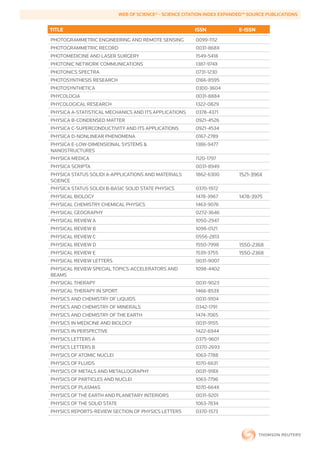 WEB	OF	SCIENCE®	-	SCIENCE	CITATION	INDEX	EXPANDED™	SOURCE	PUBLICATIONS


        TITLE                                                     ISSN             E-ISSN
        PHOTOGRAMMETRIC ENGINEERING AND REMOTE SENSING            0099-1112
        PHOTOGRAMMETRIC RECORD                                    0031-868X
        PHOTOMEDICINE AND LASER SURGERY                           1549-5418
        PHOTONIC NETWORK COMMUNICATIONS                           1387-974X
        PHOTONICS SPECTRA                                         0731-1230
        PHOTOSYNTHESIS RESEARCH                                   0166-8595
        PHOTOSYNTHETICA                                           0300-3604
        PHYCOLOGIA                                                0031-8884
        PHYCOLOGICAL RESEARCH                                     1322-0829
        PHYSICA A-STATISTICAL MECHANICS AND ITS APPLICATIONS      0378-4371
        PHYSICA B-CONDENSED MATTER                                0921-4526
        PHYSICA C-SUPERCONDUCTIVITY AND ITS APPLICATIONS          0921-4534
        PHYSICA D-NONLINEAR PHENOMENA                             0167-2789
        PHYSICA E-LOW-DIMENSIONAL SYSTEMS &                       1386-9477
        NANOSTRUCTURES
        PHYSICA MEDICA                                            1120-1797
        PHYSICA SCRIPTA                                           0031-8949
        PHYSICA STATUS SOLIDI A-APPLICATIONS AND MATERIALS        1862-6300        1521-396X
        SCIENCE
        PHYSICA STATUS SOLIDI B-BASIC SOLID STATE PHYSICS         0370-1972
        PHYSICAL BIOLOGY                                          1478-3967        1478-3975
        PHYSICAL CHEMISTRY CHEMICAL PHYSICS                       1463-9076
        PHYSICAL GEOGRAPHY                                        0272-3646
        PHYSICAL REVIEW A                                         1050-2947
        PHYSICAL REVIEW B                                         1098-0121
        PHYSICAL REVIEW C                                         0556-2813
        PHYSICAL REVIEW D                                         1550-7998        1550-2368
        PHYSICAL REVIEW E                                         1539-3755        1550-2368
        PHYSICAL REVIEW LETTERS                                   0031-9007
        PHYSICAL REVIEW SPECIAL TOPICS-ACCELERATORS AND           1098-4402
        BEAMS
        PHYSICAL THERAPY                                          0031-9023
        PHYSICAL THERAPY IN SPORT                                 1466-853X
        PHYSICS AND CHEMISTRY OF LIQUIDS                          0031-9104
        PHYSICS AND CHEMISTRY OF MINERALS                         0342-1791
        PHYSICS AND CHEMISTRY OF THE EARTH                        1474-7065
        PHYSICS IN MEDICINE AND BIOLOGY                           0031-9155
        PHYSICS IN PERSPECTIVE                                    1422-6944
        PHYSICS LETTERS A                                         0375-9601
        PHYSICS LETTERS B                                         0370-2693
        PHYSICS OF ATOMIC NUCLEI                                  1063-7788
        PHYSICS OF FLUIDS                                         1070-6631
        PHYSICS OF METALS AND METALLOGRAPHY                       0031-918X
        PHYSICS OF PARTICLES AND NUCLEI                           1063-7796
        PHYSICS OF PLASMAS                                        1070-664X
        PHYSICS OF THE EARTH AND PLANETARY INTERIORS              0031-9201
        PHYSICS OF THE SOLID STATE                                1063-7834
        PHYSICS REPORTS-REVIEW SECTION OF PHYSICS LETTERS         0370-1573
 