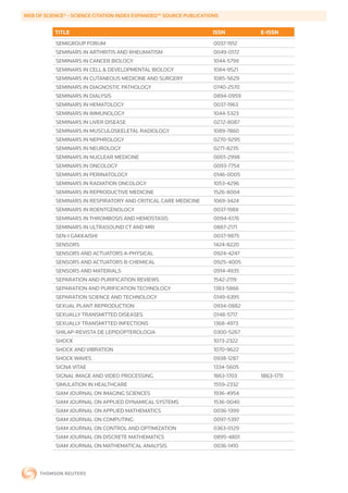 WEB	OF	SCIENCE®	-	SCIENCE	CITATION	INDEX	EXPANDED™	SOURCE	PUBLICATIONS


           TITLE                                                    ISSN        E-ISSN
           SEMIGROUP FORUM                                          0037-1912
           SEMINARS IN ARTHRITIS AND RHEUMATISM                     0049-0172
           SEMINARS IN CANCER BIOLOGY                               1044-579X
           SEMINARS IN CELL & DEVELOPMENTAL BIOLOGY                 1084-9521
           SEMINARS IN CUTANEOUS MEDICINE AND SURGERY               1085-5629
           SEMINARS IN DIAGNOSTIC PATHOLOGY                         0740-2570
           SEMINARS IN DIALYSIS                                     0894-0959
           SEMINARS IN HEMATOLOGY                                   0037-1963
           SEMINARS IN IMMUNOLOGY                                   1044-5323
           SEMINARS IN LIVER DISEASE                                0272-8087
           SEMINARS IN MUSCULOSKELETAL RADIOLOGY                    1089-7860
           SEMINARS IN NEPHROLOGY                                   0270-9295
           SEMINARS IN NEUROLOGY                                    0271-8235
           SEMINARS IN NUCLEAR MEDICINE                             0001-2998
           SEMINARS IN ONCOLOGY                                     0093-7754
           SEMINARS IN PERINATOLOGY                                 0146-0005
           SEMINARS IN RADIATION ONCOLOGY                           1053-4296
           SEMINARS IN REPRODUCTIVE MEDICINE                        1526-8004
           SEMINARS IN RESPIRATORY AND CRITICAL CARE MEDICINE       1069-3424
           SEMINARS IN ROENTGENOLOGY                                0037-198X
           SEMINARS IN THROMBOSIS AND HEMOSTASIS                    0094-6176
           SEMINARS IN ULTRASOUND CT AND MRI                        0887-2171
           SEN-I GAKKAISHI                                          0037-9875
           SENSORS                                                  1424-8220
           SENSORS AND ACTUATORS A-PHYSICAL                         0924-4247
           SENSORS AND ACTUATORS B-CHEMICAL                         0925-4005
           SENSORS AND MATERIALS                                    0914-4935
           SEPARATION AND PURIFICATION REVIEWS                      1542-2119
           SEPARATION AND PURIFICATION TECHNOLOGY                   1383-5866
           SEPARATION SCIENCE AND TECHNOLOGY                        0149-6395
           SEXUAL PLANT REPRODUCTION                                0934-0882
           SEXUALLY TRANSMITTED DISEASES                            0148-5717
           SEXUALLY TRANSMITTED INFECTIONS                          1368-4973
           SHILAP-REVISTA DE LEPIDOPTEROLOGIA                       0300-5267
           SHOCK                                                    1073-2322
           SHOCK AND VIBRATION                                      1070-9622
           SHOCK WAVES                                              0938-1287
           SIGNA VITAE                                              1334-5605
           SIGNAL IMAGE AND VIDEO PROCESSING                        1863-1703   1863-1711
           SIMULATION IN HEALTHCARE                                 1559-2332
           SIAM JOURNAL ON IMAGING SCIENCES                         1936-4954
           SIAM JOURNAL ON APPLIED DYNAMICAL SYSTEMS                1536-0040
           SIAM JOURNAL ON APPLIED MATHEMATICS                      0036-1399
           SIAM JOURNAL ON COMPUTING                                0097-5397
           SIAM JOURNAL ON CONTROL AND OPTIMIZATION                 0363-0129
           SIAM JOURNAL ON DISCRETE MATHEMATICS                     0895-4801
           SIAM JOURNAL ON MATHEMATICAL ANALYSIS                    0036-1410
 