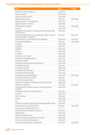 WEB	OF	SCIENCE®	-	SCIENCE	CITATION	INDEX	EXPANDED™	SOURCE	PUBLICATIONS


           TITLE                                                    ISSN        E-ISSN
           SURVEY OF OPHTHALMOLOGY                                  0039-6257
           SURVEY REVIEW                                            0039-6265
           SURVEYS IN GEOPHYSICS                                    0169-3298
           SWARM INTELLIGENCE                                       1935-3812   1935-3820
           SWISS JOURNAL OF GEOSCIENCES                             1661-8726
           SWEDISH DENTAL JOURNAL                                   0347-9994
           SWISS MEDICAL WEEKLY                                     1424-7860   1424-3997
           SYLWAN                                                   0039-7660
           SYMMETRY INTEGRABILITY AND GEOMETRY-METHODS AND          1815-0659
           APPLICATIONS
           SYNTHESIS AND REACTIVITY IN INORGANIC METAL-ORGANIC      1553-3174   1553-3182
           AND NANO-METAL CHEMISTRY
           SYSTEMS BIOLOGY IN REPRODUCTIVE MEDICINE                 1939-6368   1939-6376
           SYSTEMS ENGINEERING                                      1098-1241   1520-6858
           SYDOWIA                                                  0082-0598
           SYMBIOSIS                                                0334-5114
           SYNAPSE                                                  0887-4476
           SYNLETT                                                  0936-5214
           SYNTHESE                                                 0039-7857
           SYNTHESIS-STUTTGART                                      0039-7881
           SYNTHETIC COMMUNICATIONS                                 0039-7911
           SYNTHETIC METALS                                         0379-6779
           SYSTEMATIC AND APPLIED MICROBIOLOGY                      0723-2020
           SYSTEMATIC BIOLOGY                                       1063-5157
           SYSTEMATIC BOTANY                                        0363-6445
           SYSTEMATIC ENTOMOLOGY                                    0307-6970
           SYSTEMATIC PARASITOLOGY                                  0165-5752
           SYSTEMATICS AND BIODIVERSITY                             1477-2000   1478-0933
           SYSTEMS & CONTROL LETTERS                                0167-6911
           TM-TECHNISCHES MESSEN                                    0171-8096
           TAIWANESE JOURNAL OF OBSTETRICS & GYNECOLOGY             1028-4559
           TARGETED ONCOLOGY                                        1776-2596   1776-260X
           TARIM BILIMLERI DERGISI-JOURNAL OF AGRICULTURAL          1300-7580
           SCIENCES
           TAIWANESE JOURNAL OF MATHEMATICS                         1027-5487
           TALANTA                                                  0039-9140
           TAPPI JOURNAL                                            0734-1415
           TAXON                                                    0040-0262
           TCE                                                      0302-0797
           TECHNICS TECHNOLOGIES EDUCATION MANAGEMENT-TTEM          1840-1503
           TECHNIQUES IN COLOPROCTOLOGY                             1123-6337   1128-045X
           TECNOLOGIA Y CIENCIAS DEL AGUA                           ****-****
           TEHNICKI VJESNIK-TECHNICAL GAZETTE                       1330-3651
           TEKNIK DERGI                                             1300-3453
           TEKSTIL VE KONFEKSIYON                                   1300-3356
           TEORIYA I PRAKTIKA FIZICHESKOY KULTURY                   0040-3601
           TEXTO & CONTEXTO ENFERMAGEM                              0104-0707
           TEACHING AND LEARNING IN MEDICINE                        1040-1334   1532-8015
 