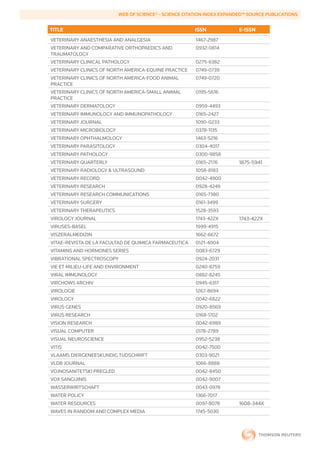 WEB	OF	SCIENCE®	-	SCIENCE	CITATION	INDEX	EXPANDED™	SOURCE	PUBLICATIONS


        TITLE                                                    ISSN             E-ISSN
        VETERINARY ANAESTHESIA AND ANALGESIA                     1467-2987
        VETERINARY AND COMPARATIVE ORTHOPAEDICS AND              0932-0814
        TRAUMATOLOGY
        VETERINARY CLINICAL PATHOLOGY                            0275-6382
        VETERINARY CLINICS OF NORTH AMERICA-EQUINE PRACTICE      0749-0739
        VETERINARY CLINICS OF NORTH AMERICA-FOOD ANIMAL          0749-0720
        PRACTICE
        VETERINARY CLINICS OF NORTH AMERICA-SMALL ANIMAL         0195-5616
        PRACTICE
        VETERINARY DERMATOLOGY                                   0959-4493
        VETERINARY IMMUNOLOGY AND IMMUNOPATHOLOGY                0165-2427
        VETERINARY JOURNAL                                       1090-0233
        VETERINARY MICROBIOLOGY                                  0378-1135
        VETERINARY OPHTHALMOLOGY                                 1463-5216
        VETERINARY PARASITOLOGY                                  0304-4017
        VETERINARY PATHOLOGY                                     0300-9858
        VETERINARY QUARTERLY                                     0165-2176        1875-5941
        VETERINARY RADIOLOGY & ULTRASOUND                        1058-8183
        VETERINARY RECORD                                        0042-4900
        VETERINARY RESEARCH                                      0928-4249
        VETERINARY RESEARCH COMMUNICATIONS                       0165-7380
        VETERINARY SURGERY                                       0161-3499
        VETERINARY THERAPEUTICS                                  1528-3593
        VIROLOGY JOURNAL                                         1743-422X        1743-422X
        VIRUSES-BASEL                                            1999-4915
        VISZERALMEDIZIN                                          1662-6672
        VITAE-REVISTA DE LA FACULTAD DE QUIMICA FARMACEUTICA     0121-4004
        VITAMINS AND HORMONES SERIES                             0083-6729
        VIBRATIONAL SPECTROSCOPY                                 0924-2031
        VIE ET MILIEU-LIFE AND ENVIRONMENT                       0240-8759
        VIRAL IMMUNOLOGY                                         0882-8245
        VIRCHOWS ARCHIV                                          0945-6317
        VIROLOGIE                                                1267-8694
        VIROLOGY                                                 0042-6822
        VIRUS GENES                                              0920-8569
        VIRUS RESEARCH                                           0168-1702
        VISION RESEARCH                                          0042-6989
        VISUAL COMPUTER                                          0178-2789
        VISUAL NEUROSCIENCE                                      0952-5238
        VITIS                                                    0042-7500
        VLAAMS DIERGENEESKUNDIG TIJDSCHRIFT                      0303-9021
        VLDB JOURNAL                                             1066-8888
        VOJNOSANITETSKI PREGLED                                  0042-8450
        VOX SANGUINIS                                            0042-9007
        WASSERWIRTSCHAFT                                         0043-0978
        WATER POLICY                                             1366-7017
        WATER RESOURCES                                          0097-8078        1608-344X
        WAVES IN RANDOM AND COMPLEX MEDIA                        1745-5030
 