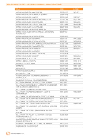 WEB	OF	SCIENCE®	-	SCIENCE	CITATION	INDEX	EXPANDED™	SOURCE	PUBLICATIONS


           TITLE                                                    ISSN        E-ISSN
           BRITISH JOURNAL OF ANAESTHESIA                           0007-0912   1471-6771
           BRITISH JOURNAL OF BIOMEDICAL SCIENCE                    0967-4845
           BRITISH JOURNAL OF CANCER                                0007-0920   1532-1827
           BRITISH JOURNAL OF CLINICAL PHARMACOLOGY                 0306-5251   1365-2125
           BRITISH JOURNAL OF DERMATOLOGY                           0007-0963   1365-2133
           BRITISH JOURNAL OF GENERAL PRACTICE                      0960-1643   1478-5242
           BRITISH JOURNAL OF HAEMATOLOGY                           0007-1048   1365-2141
           BRITISH JOURNAL OF HOSPITAL MEDICINE                     1750-8460
           BRITISH JOURNAL OF MATHEMATICAL & STATISTICAL            0007-1102
           PSYCHOLOGY
           BRITISH JOURNAL OF NEUROSURGERY                          0268-8697
           BRITISH JOURNAL OF NUTRITION                             0007-1145   1475-2662
           BRITISH JOURNAL OF OPHTHALMOLOGY                         0007-1161   1468-2079
           BRITISH JOURNAL OF ORAL & MAXILLOFACIAL SURGERY          0266-4356   1532-1940
           BRITISH JOURNAL OF PHARMACOLOGY                          0007-1188   1476-5381
           BRITISH JOURNAL OF PSYCHIATRY                            0007-1250   1472-1465
           BRITISH JOURNAL OF RADIOLOGY                             0007-1285
           BRITISH JOURNAL OF SPORTS MEDICINE                       0306-3674
           BRITISH JOURNAL OF SURGERY                               0007-1323   1365-2168
           BRITISH MEDICAL BULLETIN                                 0007-1420   1471-8391
           BRITISH MEDICAL JOURNAL                                  0959-535X   0959-8146
           BRITISH POULTRY SCIENCE                                  0007-1668   1466-1799
           BRITTONIA                                                0007-196X   1938-436X
           BRYOLOGIST                                               0007-2745   1938-4378
           BT TECHNOLOGY JOURNAL                                    1358-3948
           BUFFALO BULLETIN                                         0125-6726
           BUILDING SERVICES ENGINEERING RESEARCH &                 0143-6244   1477-0849
           TECHNOLOGY
           BULGARIAN CHEMICAL COMMUNICATIONS                        0324-1130
           BULGARIAN JOURNAL OF AGRICULTURAL SCIENCE                1310-0351
           BULLETIN MATHEMATIQUE DE LA SOCIETE DES SCIENCES         1220-3874
           MATHEMATIQUES DE ROUMANIE
           BULLETIN OF EARTHQUAKE ENGINEERING                       1570-761X
           BULLETIN OF ENGINEERING GEOLOGY AND THE                  1435-9529   1435-9537
           ENVIRONMENT
           BULLETIN OF THE ASTRONOMICAL SOCIETY OF INDIA            0304-9523
           BULLETIN OF THE IRANIAN MATHEMATICAL SOCIETY             1735-8515   ****-****
           BULLETIN OF THE KOREAN MATHEMATICAL SOCIETY              1015-8634
           BULLETIN OF THE LEBEDEV PHYSICS INSTITUTE                1068-3356   1934-838X
           BULLETIN OF THE MALAYSIAN MATHEMATICAL SCIENCES          0126-6705
           SOCIETY
           BULLETIN OF THE PEABODY MUSEUM OF NATURAL                0079-032X
           HISTORY
           BULLETIN OF THE POLISH ACADEMY OF SCIENCES-              0239-7528
           TECHNICAL SCIENCES
           BUNDESGESUNDHEITSBLATT-GESUNDHEITSFORSCHUNG-             1436-9990
           GESUNDHEITSSCHUTZ
           BUSINESS & INFORMATION SYSTEMS ENGINEERING               1867-0202
           BUILDING AND ENVIRONMENT                                 0360-1323
 