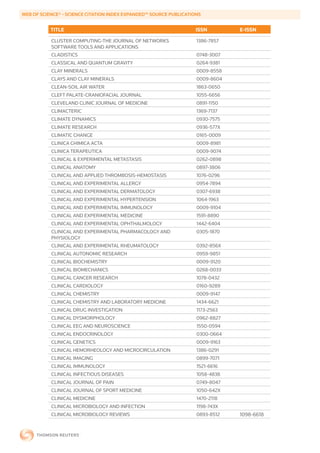 WEB	OF	SCIENCE®	-	SCIENCE	CITATION	INDEX	EXPANDED™	SOURCE	PUBLICATIONS


           TITLE                                                    ISSN        E-ISSN

           CLUSTER COMPUTING-THE JOURNAL OF NETWORKS                1386-7857
           SOFTWARE TOOLS AND APPLICATIONS
           CLADISTICS                                               0748-3007
           CLASSICAL AND QUANTUM GRAVITY                            0264-9381
           CLAY MINERALS                                            0009-8558
           CLAYS AND CLAY MINERALS                                  0009-8604
           CLEAN-SOIL AIR WATER                                     1863-0650
           CLEFT PALATE-CRANIOFACIAL JOURNAL                        1055-6656
           CLEVELAND CLINIC JOURNAL OF MEDICINE                     0891-1150
           CLIMACTERIC                                              1369-7137
           CLIMATE DYNAMICS                                         0930-7575
           CLIMATE RESEARCH                                         0936-577X
           CLIMATIC CHANGE                                          0165-0009
           CLINICA CHIMICA ACTA                                     0009-8981
           CLINICA TERAPEUTICA                                      0009-9074
           CLINICAL & EXPERIMENTAL METASTASIS                       0262-0898
           CLINICAL ANATOMY                                         0897-3806
           CLINICAL AND APPLIED THROMBOSIS-HEMOSTASIS               1076-0296
           CLINICAL AND EXPERIMENTAL ALLERGY                        0954-7894
           CLINICAL AND EXPERIMENTAL DERMATOLOGY                    0307-6938
           CLINICAL AND EXPERIMENTAL HYPERTENSION                   1064-1963
           CLINICAL AND EXPERIMENTAL IMMUNOLOGY                     0009-9104
           CLINICAL AND EXPERIMENTAL MEDICINE                       1591-8890
           CLINICAL AND EXPERIMENTAL OPHTHALMOLOGY                  1442-6404
           CLINICAL AND EXPERIMENTAL PHARMACOLOGY AND               0305-1870
           PHYSIOLOGY
           CLINICAL AND EXPERIMENTAL RHEUMATOLOGY                   0392-856X
           CLINICAL AUTONOMIC RESEARCH                              0959-9851
           CLINICAL BIOCHEMISTRY                                    0009-9120
           CLINICAL BIOMECHANICS                                    0268-0033
           CLINICAL CANCER RESEARCH                                 1078-0432
           CLINICAL CARDIOLOGY                                      0160-9289
           CLINICAL CHEMISTRY                                       0009-9147
           CLINICAL CHEMISTRY AND LABORATORY MEDICINE               1434-6621
           CLINICAL DRUG INVESTIGATION                              1173-2563
           CLINICAL DYSMORPHOLOGY                                   0962-8827
           CLINICAL EEG AND NEUROSCIENCE                            1550-0594
           CLINICAL ENDOCRINOLOGY                                   0300-0664
           CLINICAL GENETICS                                        0009-9163
           CLINICAL HEMORHEOLOGY AND MICROCIRCULATION               1386-0291
           CLINICAL IMAGING                                         0899-7071
           CLINICAL IMMUNOLOGY                                      1521-6616
           CLINICAL INFECTIOUS DISEASES                             1058-4838
           CLINICAL JOURNAL OF PAIN                                 0749-8047
           CLINICAL JOURNAL OF SPORT MEDICINE                       1050-642X
           CLINICAL MEDICINE                                        1470-2118
           CLINICAL MICROBIOLOGY AND INFECTION                      1198-743X
           CLINICAL MICROBIOLOGY REVIEWS                            0893-8512   1098-6618
 