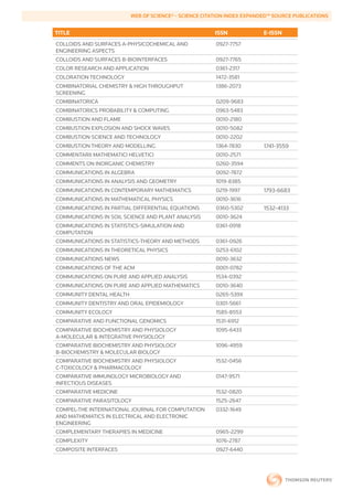 WEB	OF	SCIENCE®	-	SCIENCE	CITATION	INDEX	EXPANDED™	SOURCE	PUBLICATIONS


        TITLE                                                  ISSN             E-ISSN
        COLLOIDS AND SURFACES A-PHYSICOCHEMICAL AND            0927-7757
        ENGINEERING ASPECTS
        COLLOIDS AND SURFACES B-BIOINTERFACES                  0927-7765
        COLOR RESEARCH AND APPLICATION                         0361-2317
        COLORATION TECHNOLOGY                                  1472-3581
        COMBINATORIAL CHEMISTRY & HIGH THROUGHPUT              1386-2073
        SCREENING
        COMBINATORICA                                          0209-9683
        COMBINATORICS PROBABILITY & COMPUTING                  0963-5483
        COMBUSTION AND FLAME                                   0010-2180
        COMBUSTION EXPLOSION AND SHOCK WAVES                   0010-5082
        COMBUSTION SCIENCE AND TECHNOLOGY                      0010-2202
        COMBUSTION THEORY AND MODELLING                        1364-7830        1741-3559
        COMMENTARII MATHEMATICI HELVETICI                      0010-2571
        COMMENTS ON INORGANIC CHEMISTRY                        0260-3594
        COMMUNICATIONS IN ALGEBRA                              0092-7872
        COMMUNICATIONS IN ANALYSIS AND GEOMETRY                1019-8385
        COMMUNICATIONS IN CONTEMPORARY MATHEMATICS             0219-1997        1793-6683
        COMMUNICATIONS IN MATHEMATICAL PHYSICS                 0010-3616
        COMMUNICATIONS IN PARTIAL DIFFERENTIAL EQUATIONS       0360-5302        1532-4133
        COMMUNICATIONS IN SOIL SCIENCE AND PLANT ANALYSIS      0010-3624
        COMMUNICATIONS IN STATISTICS-SIMULATION AND            0361-0918
        COMPUTATION
        COMMUNICATIONS IN STATISTICS-THEORY AND METHODS        0361-0926
        COMMUNICATIONS IN THEORETICAL PHYSICS                  0253-6102
        COMMUNICATIONS NEWS                                    0010-3632
        COMMUNICATIONS OF THE ACM                              0001-0782
        COMMUNICATIONS ON PURE AND APPLIED ANALYSIS            1534-0392
        COMMUNICATIONS ON PURE AND APPLIED MATHEMATICS         0010-3640
        COMMUNITY DENTAL HEALTH                                0265-539X
        COMMUNITY DENTISTRY AND ORAL EPIDEMIOLOGY              0301-5661
        COMMUNITY ECOLOGY                                      1585-8553
        COMPARATIVE AND FUNCTIONAL GENOMICS                    1531-6912
        COMPARATIVE BIOCHEMISTRY AND PHYSIOLOGY                1095-6433
        A-MOLECULAR & INTEGRATIVE PHYSIOLOGY
        COMPARATIVE BIOCHEMISTRY AND PHYSIOLOGY                1096-4959
        B-BIOCHEMISTRY & MOLECULAR BIOLOGY
        COMPARATIVE BIOCHEMISTRY AND PHYSIOLOGY                1532-0456
        C-TOXICOLOGY & PHARMACOLOGY
        COMPARATIVE IMMUNOLOGY MICROBIOLOGY AND                0147-9571
        INFECTIOUS DISEASES
        COMPARATIVE MEDICINE                                   1532-0820
        COMPARATIVE PARASITOLOGY                               1525-2647
        COMPEL-THE INTERNATIONAL JOURNAL FOR COMPUTATION       0332-1649
        AND MATHEMATICS IN ELECTRICAL AND ELECTRONIC
        ENGINEERING
        COMPLEMENTARY THERAPIES IN MEDICINE                    0965-2299
        COMPLEXITY                                             1076-2787
        COMPOSITE INTERFACES                                   0927-6440
 