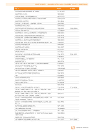 WEB	OF	SCIENCE®	-	SCIENCE	CITATION	INDEX	EXPANDED™	SOURCE	PUBLICATIONS


        TITLE                                                  ISSN             E-ISSN
        ELECTRICAL ENGINEERING IN JAPAN                        0424-7760
        ELECTROANALYSIS                                        1040-0397
        ELECTROANALYTICAL CHEMISTRY                            0070-9778
        ELECTROCHEMICAL AND SOLID STATE LETTERS                1099-0062
        ELECTROCHEMISTRY                                       1344-3542
        ELECTROCHEMISTRY COMMUNICATIONS                        1388-2481
        ELECTROCHIMICA ACTA                                    0013-4686
        ELECTROMAGNETIC BIOLOGY AND MEDICINE                   1536-8378        1536-8386
        ELECTROMAGNETICS                                       0272-6343
        ELECTRONIC COMMUNICATIONS IN PROBABILITY               1083-589X
        ELECTRONIC JOURNAL OF BIOTECHNOLOGY                    0717-3458
        ELECTRONIC JOURNAL OF COMBINATORICS                    1077-8926
        ELECTRONIC JOURNAL OF PROBABILITY                      1083-6489
        ELECTRONIC TRANSACTIONS ON NUMERICAL ANALYSIS          1068-9613
        ELECTRONICS LETTERS                                    0013-5194
        ELECTRONICS WORLD                                      1365-4675
        ELECTROPHORESIS                                        0173-0835
        EMERGENCIAS                                            1137-6821
        EMERGENCY MEDICINE AUSTRALASIA                         1742-6731        1742-6723
        EMBO JOURNAL                                           0261-4189
        EMBO MOLECULAR MEDICINE                                1757-4676
        EMBO REPORTS                                           1469-221X
        EMERGENCY MEDICINE CLINICS OF NORTH AMERICA            0733-8627
        EMERGENCY MEDICINE JOURNAL                             1472-0205
        EMERGING INFECTIOUS DISEASES                           1080-6040
        EMJ-ENGINEERING MANAGEMENT JOURNAL                     1042-9247
        EMPIRICAL SOFTWARE ENGINEERING                         1382-3256
        EMU                                                    0158-4197
        ENDOCRINE PRACTICE                                     1530-891X
        ENDOKRYNOLOGIA POLSKA                                  0423-104X
        ENDOSKOPIE HEUTE                                       0933-811X
        ENERGIES                                               1996-1073
        ENERGY & ENVIRONMENTAL SCIENCE                         1754-5692        1754-5706
        ENERGY EDUCATION SCIENCE AND TECHNOLOGY PART           1308-772X
        A-ENERGY SCIENCE AND RESEARCH
        ENERGY EDUCATION SCIENCE AND TECHNOLOGY PART           1308-7711
        B-SOCIAL AND EDUCATIONAL STUDIES
        ENERGY SOURCES PART A-RECOVERY UTILIZATION AND         1556-7036
        ENVIRONMENTAL EFFECTS
        ENERGY SOURCES PART B-ECONOMICS PLANNING AND           1556-7257
        POLICY
        ENFERMEDADES EMERGENTES                                1575-4723
        ENGENHARIA AGRICOLA                                    1809-4430
        ENGENHARIA SANITARIA E AMBIENTAL                       1413-4152
        ENGINEERING APPLICATIONS OF COMPUTATIONAL FLUID        1994-2060
        MECHANICS
        ENRICHING COMMUNICATIONS                               1960-7652
        ENTERPRISE INFORMATION SYSTEMS                         1751-7575        1751-7583
 