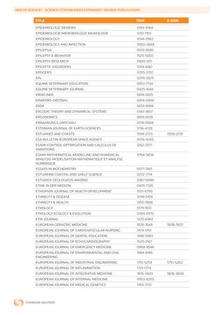 WEB	OF	SCIENCE®	-	SCIENCE	CITATION	INDEX	EXPANDED™	SOURCE	PUBLICATIONS


           TITLE                                                    ISSN        E-ISSN
           EPIDEMIOLOGIC REVIEWS                                    0193-936X
           EPIDEMIOLOGIE MIKROBIOLOGIE IMUNOLOGIE                   1210-7913
           EPIDEMIOLOGY                                             1044-3983
           EPIDEMIOLOGY AND INFECTION                               0950-2688
           EPILEPSIA                                                0013-9580
           EPILEPSY & BEHAVIOR                                      1525-5050
           EPILEPSY RESEARCH                                        0920-1211
           EPILEPTIC DISORDERS                                      1294-9361
           EPISODES                                                 0705-3797
           EPL                                                      0295-5075
           EQUINE VETERINARY EDUCATION                              0957-7734
           EQUINE VETERINARY JOURNAL                                0425-1644
           ERDKUNDE                                                 0014-0015
           ERWERBS-OBSTBAU                                          0014-0309
           ERDE                                                     0013-9998
           ERGODIC THEORY AND DYNAMICAL SYSTEMS                     0143-3857
           ERGONOMICS                                               0014-0139
           ERNAHRUNGS UMSCHAU                                       0174-0008
           ESTONIAN JOURNAL OF EARTH SCIENCES                       1736-4728
           ESTUARIES AND COASTS                                     1559-2723   1559-2731
           ESA BULLETIN-EUROPEAN SPACE AGENCY                       0376-4265
           ESAIM-CONTROL OPTIMISATION AND CALCULUS OF               1262-3377
           VARIATIONS
           ESAIM-MATHEMATICAL MODELLING AND NUMERICAL               0764-583X
           ANALYSIS-MODELISATION MATHEMATIQUE ET ANALYSE
           NUMERIQUE
           ESSAYS IN BIOCHEMISTRY                                   0071-1365
           ESTUARINE COASTAL AND SHELF SCIENCE                      0272-7714
           ESTUDIOS GEOLOGICOS-MADRID                               0367-0449
           ETHIK IN DER MEDIZIN                                     0935-7335
           ETHIOPIAN JOURNAL OF HEALTH DEVELOPMENT                  1021-6790
           ETHNICITY & DISEASE                                      1049-510X
           ETHNICITY & HEALTH                                       1355-7858
           ETHOLOGY                                                 0179-1613
           ETHOLOGY ECOLOGY & EVOLUTION                             0394-9370
           ETRI JOURNAL                                             1225-6463
           EUROPEAN GERIATRIC MEDICINE                              1878-7649   1878-7657
           EUROPEAN JOURNAL OF CARDIOVASCULAR NURSING               1474-5151
           EUROPEAN JOURNAL OF DENTAL EDUCATION                     1396-5883
           EUROPEAN JOURNAL OF ECHOCARDIOGRAPHY                     1525-2167
           EUROPEAN JOURNAL OF EMERGENCY MEDICINE                   0969-9546
           EUROPEAN JOURNAL OF ENVIRONMENTAL AND CIVIL              1964-8189
           ENGINEERING
           EUROPEAN JOURNAL OF INDUSTRIAL ENGINEERING               1751-5254   1751-5262
           EUROPEAN JOURNAL OF INFLAMMATION                         1721-727X
           EUROPEAN JOURNAL OF INTEGRATIVE MEDICINE                 1876-3820   1876-3839
           EUROPEAN JOURNAL OF INTERNAL MEDICINE                    0953-6205
           EUROPEAN JOURNAL OF MEDICAL GENETICS                     1769-7212
 