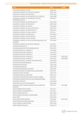 WEB	OF	SCIENCE®	-	SCIENCE	CITATION	INDEX	EXPANDED™	SOURCE	PUBLICATIONS


        TITLE                                                   ISSN             E-ISSN
        EUROPEAN JOURNAL OF PAIN                                1090-3801
        EUROPEAN JOURNAL OF PEDIATRIC SURGERY                   0939-7248
        EUROPEAN JOURNAL OF PEDIATRICS                          0340-6199
        EUROPEAN JOURNAL OF PHARMACEUTICAL SCIENCES             0928-0987
        EUROPEAN JOURNAL OF PHARMACEUTICS AND                   0939-6411
        BIOPHARMACEUTICS
        EUROPEAN JOURNAL OF PHARMACOLOGY                        0014-2999
        EUROPEAN JOURNAL OF PHYCOLOGY                           0967-0262
        EUROPEAN JOURNAL OF PHYSICS                             0143-0807
        EUROPEAN JOURNAL OF PLANT PATHOLOGY                     0929-1873
        EUROPEAN JOURNAL OF PROTISTOLOGY                        0932-4739
        EUROPEAN JOURNAL OF PUBLIC HEALTH                       1101-1262
        EUROPEAN JOURNAL OF RADIOLOGY                           0720-048X
        EUROPEAN JOURNAL OF SOIL BIOLOGY                        1164-5563
        EUROPEAN JOURNAL OF SOIL SCIENCE                        1351-0754
        EUROPEAN JOURNAL OF VASCULAR AND ENDOVASCULAR           1078-5884
        SURGERY
        EUROPEAN JOURNAL OF WILDLIFE RESEARCH                   1612-4642
        EUROPEAN NEUROLOGY                                      0014-3022
        EUROPEAN NEUROPSYCHOPHARMACOLOGY                        0924-977X
        EUROPEAN PHYSICAL JOURNAL A                             1434-6001
        EUROPEAN PHYSICAL JOURNAL B                             1434-6028
        EUROPEAN PHYSICAL JOURNAL C                             1434-6044
        EUROPEAN PHYSICAL JOURNAL D                             1434-6060        1434-6079
        EUROPEAN PHYSICAL JOURNAL E                             1292-8941        1292-895X
        EUROPEAN PHYSICAL JOURNAL-APPLIED PHYSICS               1286-0042
        EUROPEAN POLYMER JOURNAL                                0014-3057
        EUROPEAN PSYCHIATRY                                     0924-9338
        EUROPEAN RADIOLOGY                                      0938-7994
        EUROPEAN RESPIRATORY JOURNAL                            0903-1936
        EUROPEAN REVIEW OF AGRICULTURAL ECONOMICS               0165-1587
        EUROPEAN SPINE JOURNAL                                  0940-6719
        EUROPEAN SURGICAL RESEARCH                              0014-312X
        EUROPEAN TRANSACTIONS ON ELECTRICAL POWER               1430-144X
        EUROPEAN TRANSACTIONS ON TELECOMMUNICATIONS             1124-318X
        EUROPEAN UROLOGY                                        0302-2838
        EUROPEAN UROLOGY SUPPLEMENTS                            1569-9056
        EVIDENCE-BASED COMPLEMENTARY AND ALTERNATIVE            1741-427X        1741-4288
        MEDICINE
        EVOLUTIONARY APPLICATIONS                               1752-4571
        EVOLUTIONARY BIOINFORMATICS                             1176-9343
        EVOLUTIONARY BIOLOGY                                    0071-3260
        EVALUATION & THE HEALTH PROFESSIONS                     0163-2787
        EVOLUTION                                               0014-3820
        EVOLUTION & DEVELOPMENT                                 1520-541X        1525-142X
        EVOLUTION AND HUMAN BEHAVIOR                            1090-5138
        EVOLUTIONARY COMPUTATION                                1063-6560
        EVOLUTIONARY ECOLOGY                                    0269-7653
 