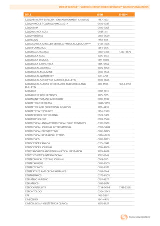 WEB	OF	SCIENCE®	-	SCIENCE	CITATION	INDEX	EXPANDED™	SOURCE	PUBLICATIONS


        TITLE                                                    ISSN             E-ISSN
        GEOCHEMISTRY-EXPLORATION ENVIRONMENT ANALYSIS            1467-7873
        GEOCHIMICA ET COSMOCHIMICA ACTA                          0016-7037
        GEODERMA                                                 0016-7061
        GEODINAMICA ACTA                                         0985-3111
        GEODIVERSITAS                                            1280-9659
        GEOFLUIDS                                                1468-8115
        GEOGRAFISKA ANNALER SERIES A-PHYSICAL GEOGRAPHY          0435-3676
        GEOINFORMATICA                                           1384-6175
        GEOLOGIA CROATICA                                        1330-030X        1333-4875
        GEOLOGICA ACTA                                           1695-6133
        GEOLOGICA BELGICA                                        1374-8505
        GEOLOGICA CARPATHICA                                     1335-0552
        GEOLOGICAL JOURNAL                                       0072-1050
        GEOLOGICAL MAGAZINE                                      0016-7568
        GEOLOGICAL QUARTERLY                                     1641-7291
        GEOLOGICAL SOCIETY OF AMERICA BULLETIN                   0016-7606
        GEOLOGICAL SURVEY OF DENMARK AND GREENLAND               1811-4598        1604-8156
        BULLETIN
        GEOLOGY                                                  0091-7613
        GEOLOGY OF ORE DEPOSITS                                  1075-7015
        GEOMAGNETISM AND AERONOMY                                0016-7932
        GEOMETRIAE DEDICATA                                      0046-5755
        GEOMETRIC AND FUNCTIONAL ANALYSIS                        1016-443X
        GEOMETRY & TOPOLOGY                                      1364-0380
        GEOMICROBIOLOGY JOURNAL                                  0149-0451
        GEOMORPHOLOGY                                            0169-555X
        GEOPHYSICAL AND ASTROPHYSICAL FLUID DYNAMICS             0309-1929
        GEOPHYSICAL JOURNAL INTERNATIONAL                        0956-540X
        GEOPHYSICAL PROSPECTING                                  0016-8025
        GEOPHYSICAL RESEARCH LETTERS                             0094-8276
        GEOPHYSICS                                               0016-8033
        GEOSCIENCE CANADA                                        0315-0941
        GEOSCIENCES JOURNAL                                      1226-4806
        GEOSTANDARDS AND GEOANALYTICAL RESEARCH                  1639-4488
        GEOSYNTHETICS INTERNATIONAL                              1072-6349
        GEOTECHNICAL TESTING JOURNAL                             0149-6115
        GEOTECHNIQUE                                             0016-8505
        GEOTECTONICS                                             0016-8521
        GEOTEXTILES AND GEOMEMBRANES                             0266-1144
        GEOTHERMICS                                              0375-6505
        GERIATRIC NURSING                                        0197-4572
        GERIATRICS                                               0016-867X
        GERODONTOLOGY                                            0734-0664        1741-2358
        GERONTOLOGY                                              0304-324X
        GFF                                                      1103-5897
        GINECO RO                                                1841-4435
        GINECOLOGIA Y OBSTETRICIA CLINICA                        1695-3827
 