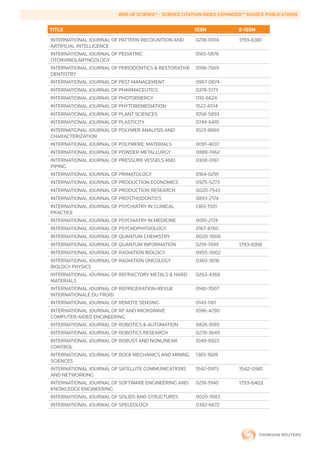 WEB	OF	SCIENCE®	-	SCIENCE	CITATION	INDEX	EXPANDED™	SOURCE	PUBLICATIONS


        TITLE                                                  ISSN             E-ISSN
        INTERNATIONAL JOURNAL OF PATTERN RECOGNITION AND       0218-0014        1793-6381
        ARTIFICIAL INTELLIGENCE
        INTERNATIONAL JOURNAL OF PEDIATRIC                     0165-5876
        OTORHINOLARYNGOLOGY
        INTERNATIONAL JOURNAL OF PERIODONTICS & RESTORATIVE    0198-7569
        DENTISTRY
        INTERNATIONAL JOURNAL OF PEST MANAGEMENT               0967-0874
        INTERNATIONAL JOURNAL OF PHARMACEUTICS                 0378-5173
        INTERNATIONAL JOURNAL OF PHOTOENERGY                   1110-662X
        INTERNATIONAL JOURNAL OF PHYTOREMEDIATION              1522-6514
        INTERNATIONAL JOURNAL OF PLANT SCIENCES                1058-5893
        INTERNATIONAL JOURNAL OF PLASTICITY                    0749-6419
        INTERNATIONAL JOURNAL OF POLYMER ANALYSIS AND          1023-666X
        CHARACTERIZATION
        INTERNATIONAL JOURNAL OF POLYMERIC MATERIALS           0091-4037
        INTERNATIONAL JOURNAL OF POWDER METALLURGY             0888-7462
        INTERNATIONAL JOURNAL OF PRESSURE VESSELS AND          0308-0161
        PIPING
        INTERNATIONAL JOURNAL OF PRIMATOLOGY                   0164-0291
        INTERNATIONAL JOURNAL OF PRODUCTION ECONOMICS          0925-5273
        INTERNATIONAL JOURNAL OF PRODUCTION RESEARCH           0020-7543
        INTERNATIONAL JOURNAL OF PROSTHODONTICS                0893-2174
        INTERNATIONAL JOURNAL OF PSYCHIATRY IN CLINICAL        1365-1501
        PRACTICE
        INTERNATIONAL JOURNAL OF PSYCHIATRY IN MEDICINE        0091-2174
        INTERNATIONAL JOURNAL OF PSYCHOPHYSIOLOGY              0167-8760
        INTERNATIONAL JOURNAL OF QUANTUM CHEMISTRY             0020-7608
        INTERNATIONAL JOURNAL OF QUANTUM INFORMATION           0219-7499        1793-6918
        INTERNATIONAL JOURNAL OF RADIATION BIOLOGY             0955-3002
        INTERNATIONAL JOURNAL OF RADIATION ONCOLOGY            0360-3016
        BIOLOGY PHYSICS
        INTERNATIONAL JOURNAL OF REFRACTORY METALS & HARD      0263-4368
        MATERIALS
        INTERNATIONAL JOURNAL OF REFRIGERATION-REVUE           0140-7007
        INTERNATIONALE DU FROID
        INTERNATIONAL JOURNAL OF REMOTE SENSING                0143-1161
        INTERNATIONAL JOURNAL OF RF AND MICROWAVE              1096-4290
        COMPUTER-AIDED ENGINEERING
        INTERNATIONAL JOURNAL OF ROBOTICS & AUTOMATION         0826-8185
        INTERNATIONAL JOURNAL OF ROBOTICS RESEARCH             0278-3649
        INTERNATIONAL JOURNAL OF ROBUST AND NONLINEAR          1049-8923
        CONTROL
        INTERNATIONAL JOURNAL OF ROCK MECHANICS AND MINING     1365-1609
        SCIENCES
        INTERNATIONAL JOURNAL OF SATELLITE COMMUNICATIONS      1542-0973        1542-0981
        AND NETWORKING
        INTERNATIONAL JOURNAL OF SOFTWARE ENGINEERING AND      0218-1940        1793-6403
        KNOWLEDGE ENGINEERING
        INTERNATIONAL JOURNAL OF SOLIDS AND STRUCTURES         0020-7683
        INTERNATIONAL JOURNAL OF SPELEOLOGY                    0392-6672
 