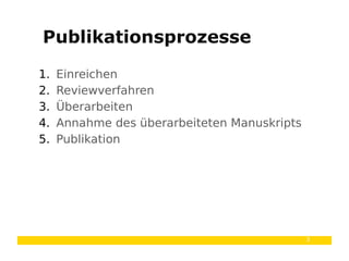 3
1. Einreichen
2. Reviewverfahren
3. Überarbeiten
4. Annahme des überarbeiteten Manuskripts
5. Publikation
Publikationsprozesse
 
