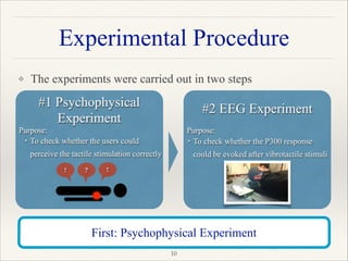 ❖ The experiments were carried out in two steps 
 
 
 
 
 
"10
First: Psychophysical Experiment
#1 Psychophysical
Experiment
Purpose:
!
!
!
 
 
!
!
 
 
 
Experimental Procedure
! ? !
!
#2 EEG Experiment
!
Purpose:
!
!
 
 
!
!
 
 ・To check whether the P300 response
 could be evoked after vibrotactile stimuli
 ・To check whether the users could  
  perceive the tactile stimulation correctly
 