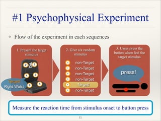 ❖ Flow of the experiment in each sequences 
 
 
 
 
 
"11
#1 Psychophysical Experiment
3. Users press the
button when feel the
target stimulus
!
!
!
!
!
!
!
press!
1. Present the target
stimulus
!
!
!
!
!
!
Target!
Right Waist
Measure the reaction time from stimulus onset to button press
2. Give six random
stimulus
!
!
!
!
!
3
1
6
5
2
non-Target
non-Target
non-Target
non-Target
non-Target
Target!4
 