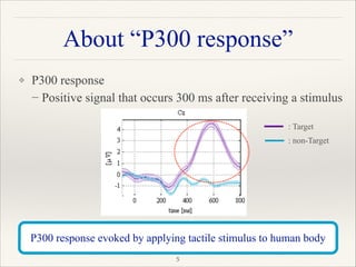 About “P300 response”
❖ P300 response 
− Positive signal that occurs 300 ms after receiving a stimulus
P300 response evoked by applying tactile stimulus to human body
"5
: Target
: non-Target
 