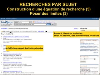 RECHERCHES PAR SUJET
Construction d'une équation de recherche (5)
Poser des limites (3)
A l'affichage rappel des limites choisies
Penser à désactiver les limites,
selon les besoins, lors d'une nouvelle recherche
 