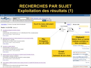 RECHERCHES PAR SUJET
Exploitation des résultats (1)
Ouvrir le menu déroulant
Send to
Clipboard :
Mettre dans un panier
(notices cochées ou
liste complète)
E-mail :
Envoi à
l'adresse de son choix
File :
Enregistrer
sur clé USB
 