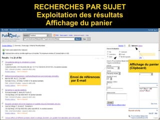 RECHERCHES PAR SUJET
Exploitation des résultats
Affichage du panier
Affichage du panier
Affichage du panier
(Clipboard)
Envoi de références
par E-mail
 