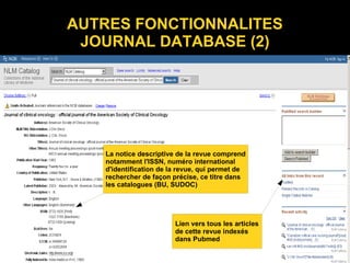 AUTRES FONCTIONNALITES
JOURNAL DATABASE (2)
La notice descriptive de la revue comprend
notamment l'ISSN, numéro international
d'identification de la revue, qui permet de
rechercher de façon précise, ce titre dans
les catalogues (BU, SUDOC)
Lien vers tous les articles
de cette revue indexés
dans Pubmed
 