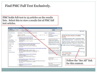 Find PMC Full Text Exclusively.
Follow the “See All” link
for this content.
PMC holds full-text to 25 articles on the results
lists. Select this to view a results list of PMC full
text articles.
 