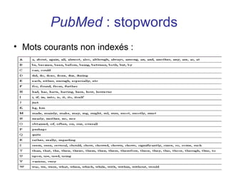 PubMed : stopwords
• Mots courants non indexés :
 