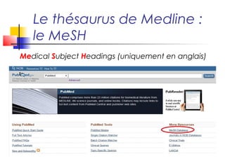 Le thésaurus de Medline : 
le MeSH 
Medical Subject Headings (uniquement en anglais) 
 