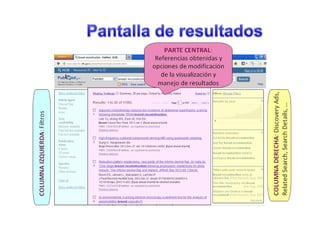 Similar Articles
Las referencias tienen el enlace “Similar Articles”
Es un algoritmo de búsqueda en el que PubMed compara
palabras del Title y Abstract de cada cita, así como los
encabezamientos MeSH asignados.
Los resultados se muestra en orden de relevancia y no por
fecha
 