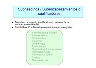 MeSH Database
n Es el nombre de una base de datos que ayuda a los
usuarios de PubMed a localizar los términos apropiados
para la búsqueda
n Esta base de datos proporciona información de los
términos MeSH incluyendo:
¨ Definiciones
¨ Sinónimos del concepto
¨ Subencabezamientos
¨ Términos relacionados
¨ La posición del encabezamiento dentro de la estructura
jerárquica MeSH
 