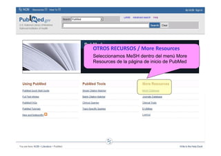 Indización con encabezamientos MeSH
n Los indizadores de MEDLINE de la NLM examinan los
artículos y asignan los encabezamientos MeSH apropiados
más específicos que describan los conceptos principales
que se tratan en el artículo.
n El indizador asigna tantos encabezamientos como sean
apropiados para cubrir los temas del artículo: generalmente
de 5 a 15.
n El término MeSH que refleja los puntos principales o Major
MeSH de un artículo es señalado con un asterisco (*) por
los indizadores.
 