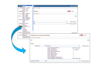 Ejemplos de Búsquedas Booleanas con
calificadores de campo
• Etiquetas de los campos más utilizados:
• MeSH Headings [MH]
• Subheadings [SH]
• Pharmacologic Action [PA]
• Text Words [TW]
• Affiliation [AD]
• Title [TI]
• Language [LA]
• Author [AU]
• Journal title [TA]
• Publication type [PT]
• Year [DP]
• Citas que contengan a Perlman como autor,
que trate de tuberculosis y publicado en
1999:
Tuberculosis[mh] AND perlman [au] AND
1999 [dp]
• Artículos que traten de la fiebre o
hipertermia en la tuberculosis pulmonar:
Tuberculosis, pulmonary [mh] AND
(hyperthermia OR fever)
• Artículos de revisiones en inglés que traten
sobre la terapéutica del asma en niños
preescolares:
asthma/therapy [mh] AND review [pt] AND
child, preschool [mh] AND english [la]
 