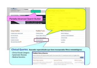 999
Clinical Queries: Buscador especializado que tiene incorporados filtros metodológicos:
- Clinical Study Category
- Systematic Reviews
- Medical Genetics
Pantalla Advanced Search Builder
 