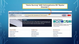 "Home Nursing" AND (Schizophrenia OR "Bipolar
Disorder")
 