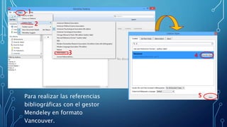Para realizar las referencias
bibliográficas con el gestor
Mendeley en formato
Vancouver.
1
2
3
4
5
 