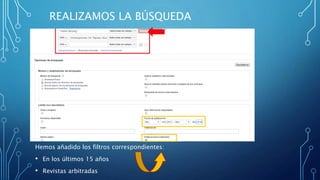 REALIZAMOS LA BÚSQUEDA
Hemos añadido los filtros correspondientes:
• En los últimos 15 años
• Revistas arbitradas
 